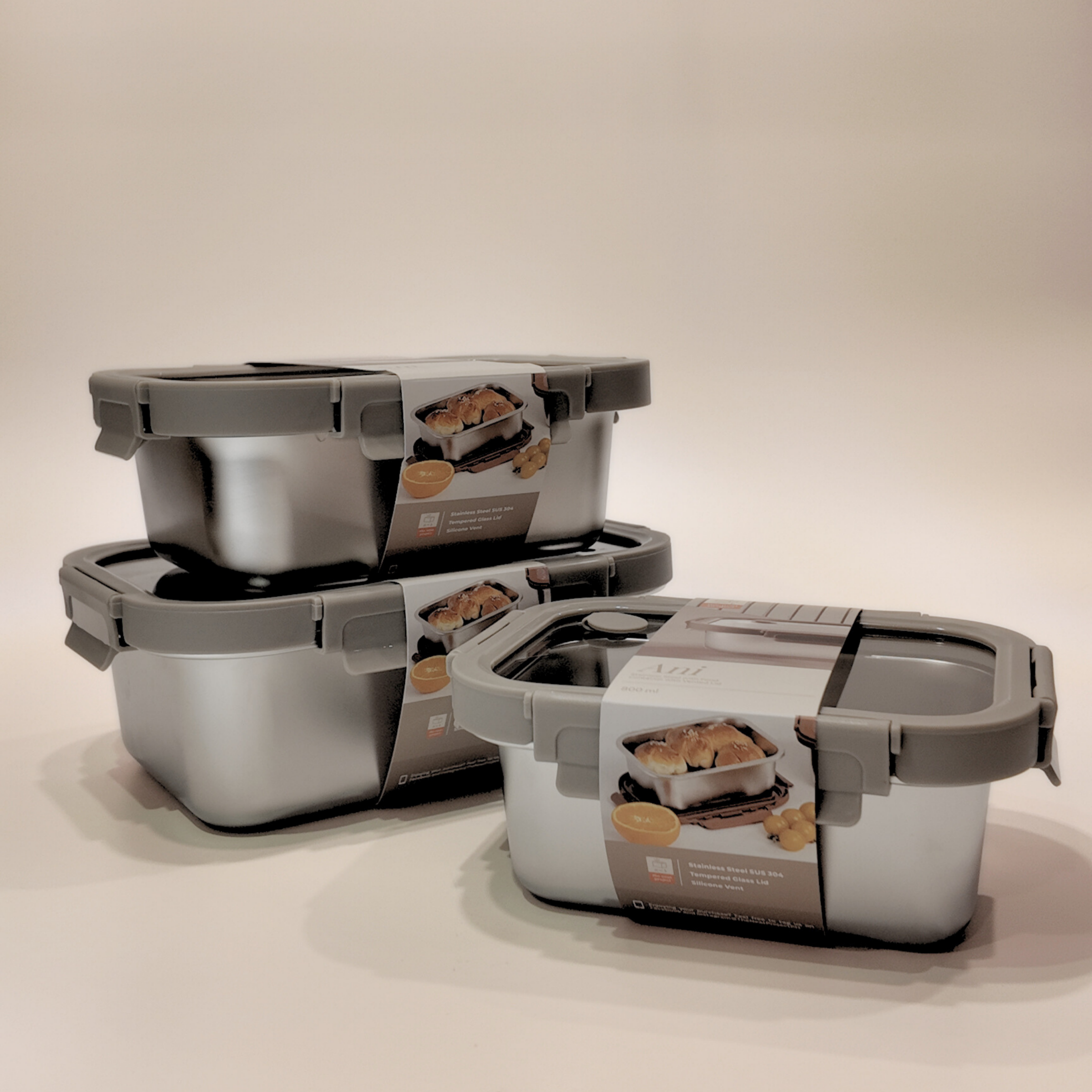 Ani Stainless Steel Rectangle container with Glass with vent Lids