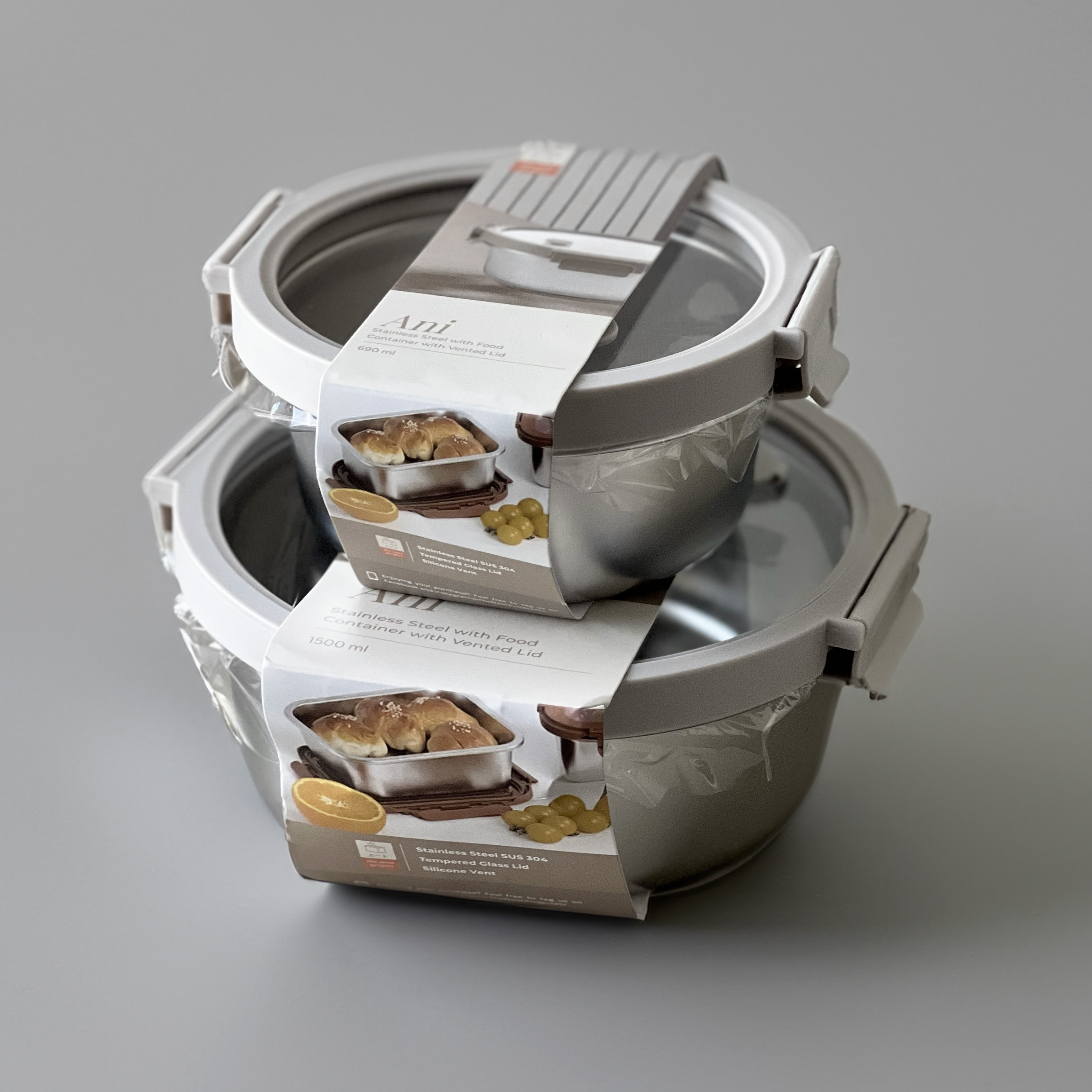 Ani Stainless Steel Round container with Glass with vent Lids