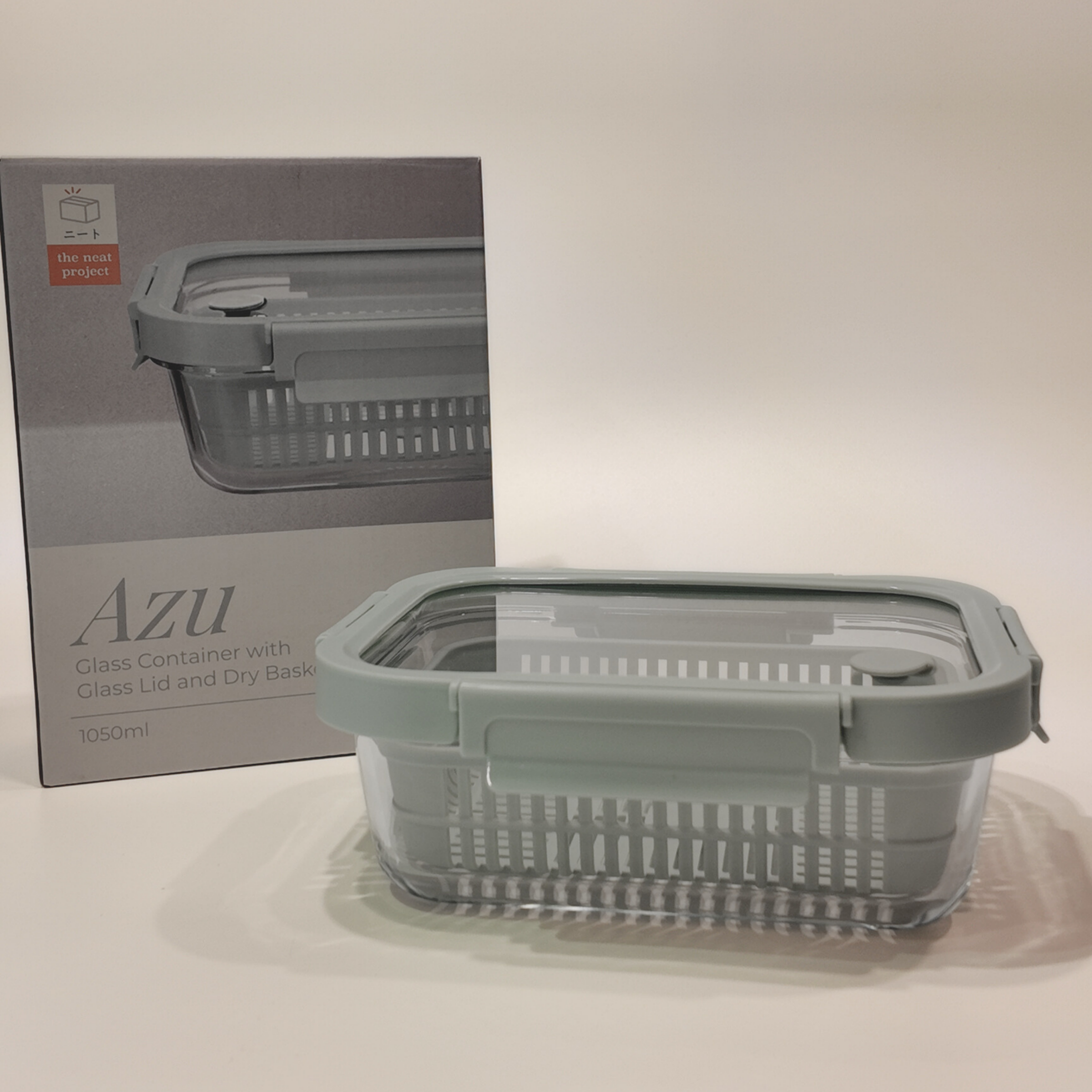 Azu Rectangular Glass Food Container with Liquid Silicone Lid and Dry Basket