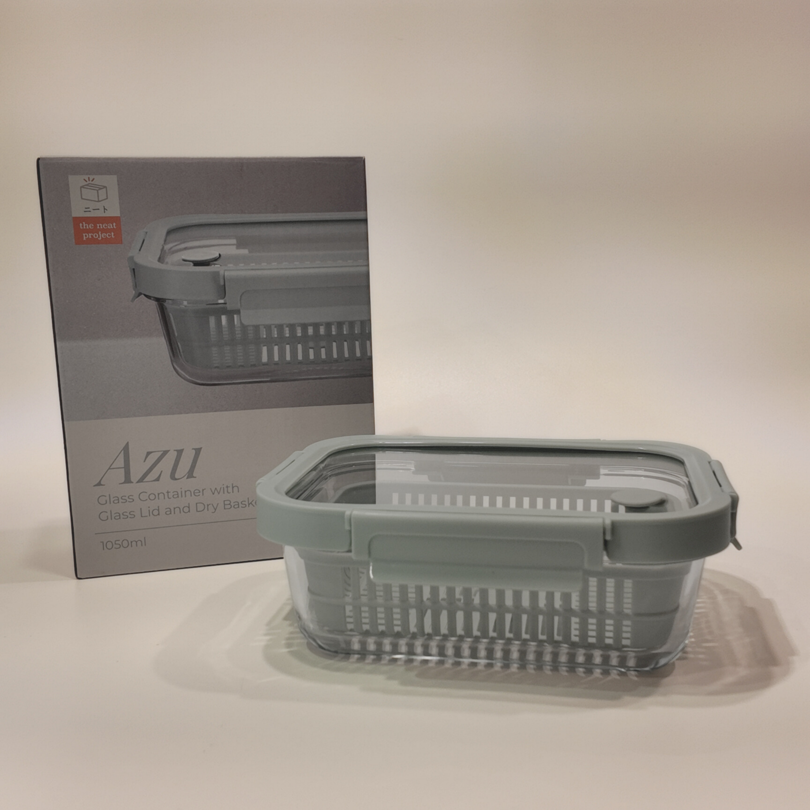 Azu Rectangular Glass Food Container with Liquid Silicone Lid and Dry Basket
