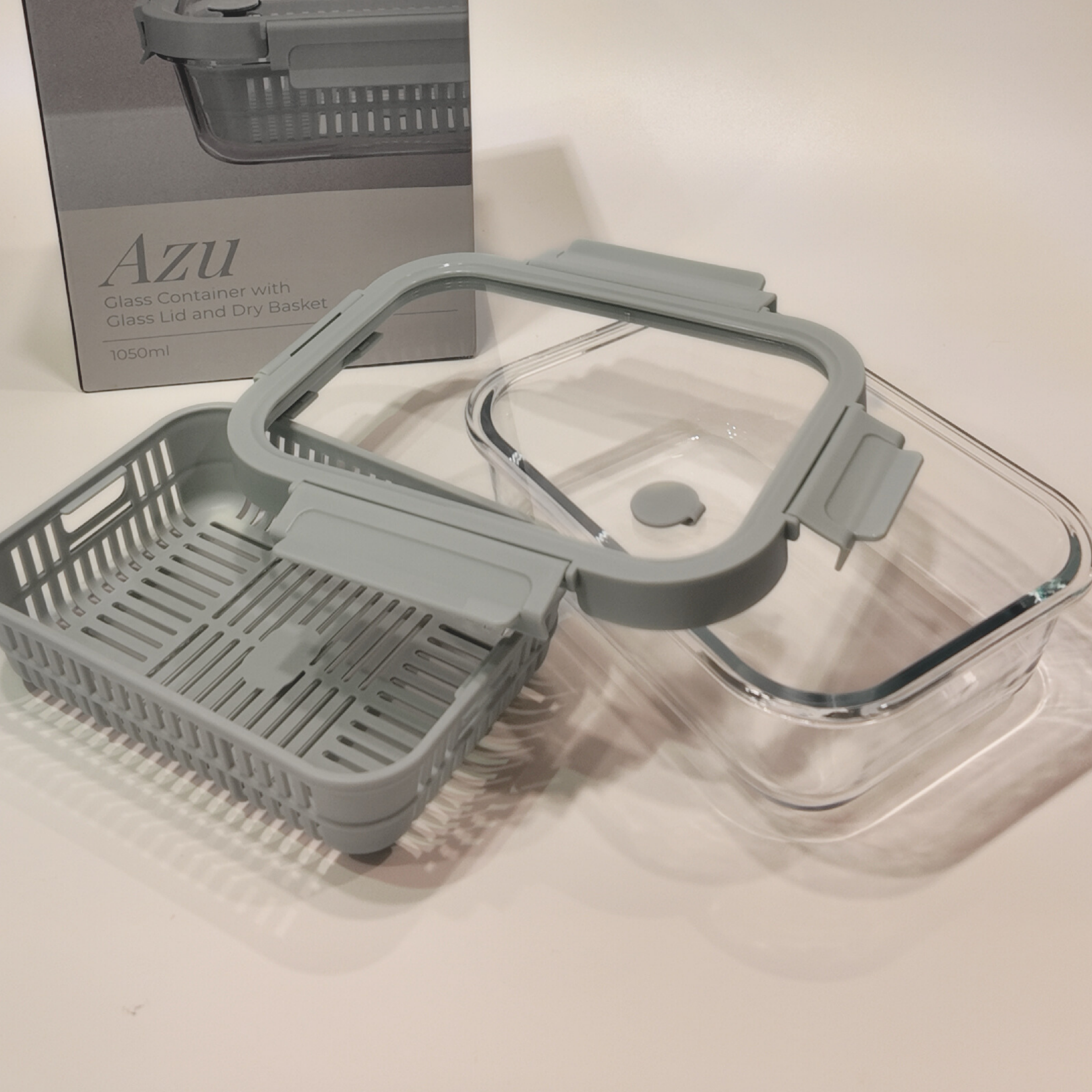 Azu Rectangular Glass Food Container with Liquid Silicone Lid and Dry Basket