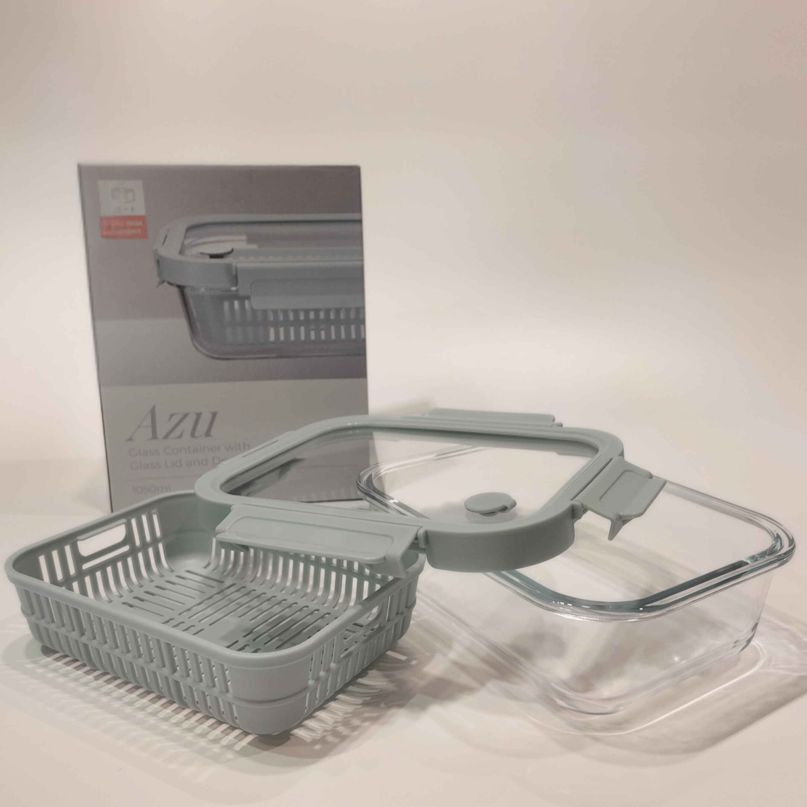 Azu Rectangular Glass Food Container with Liquid Silicone Lid and Dry Basket