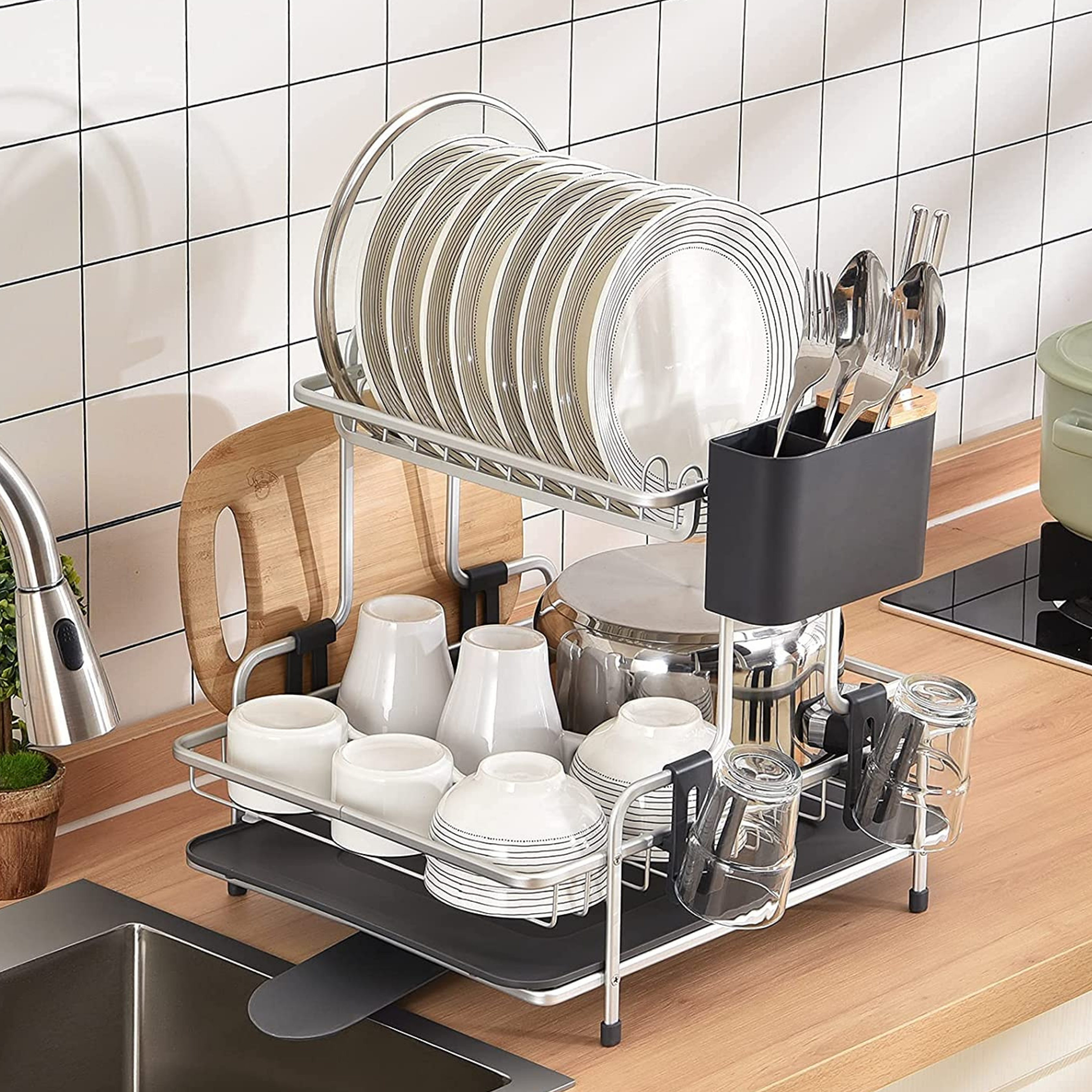 Rogu 2-Tier Aluminum Dish Rack with wood minimalist design