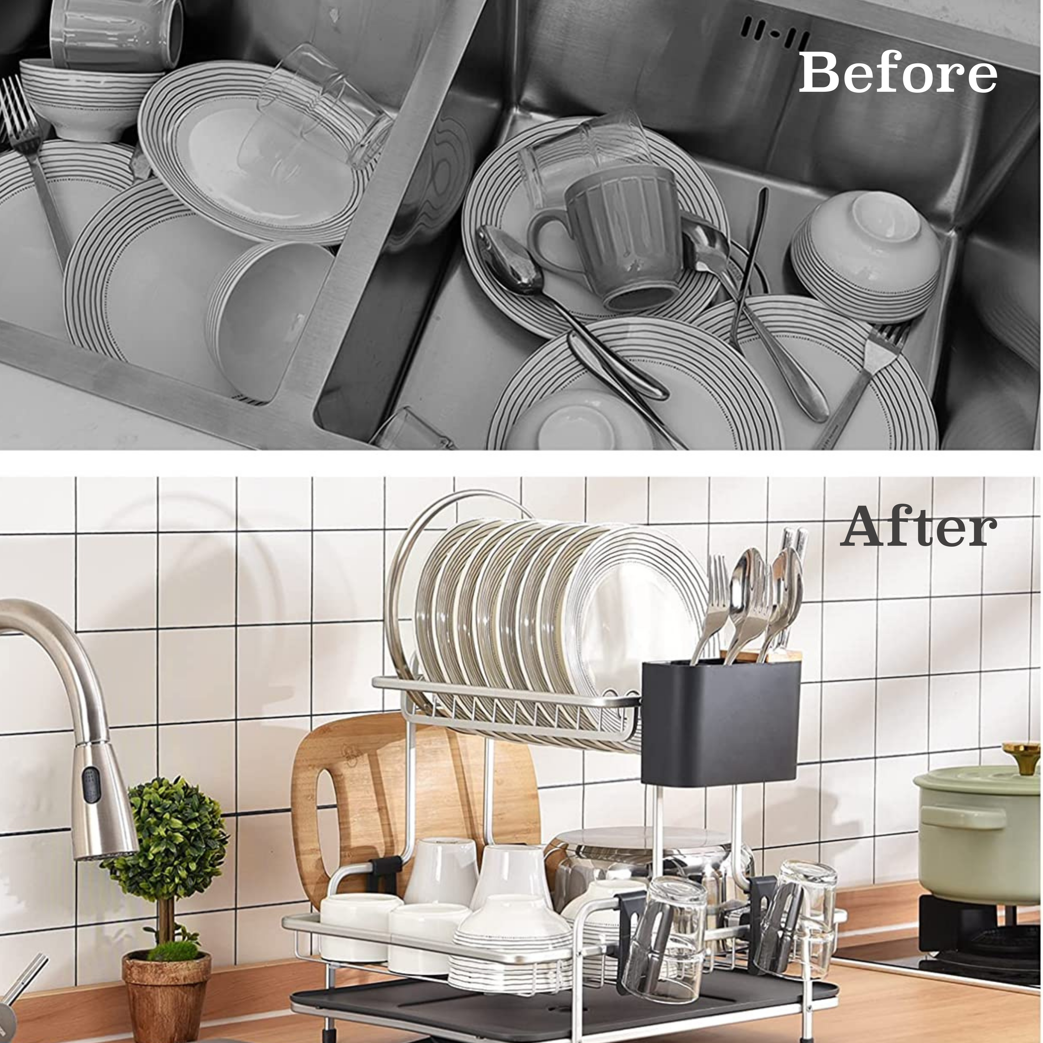 Rogu 2-Tier Aluminum Dish Rack with wood minimalist design