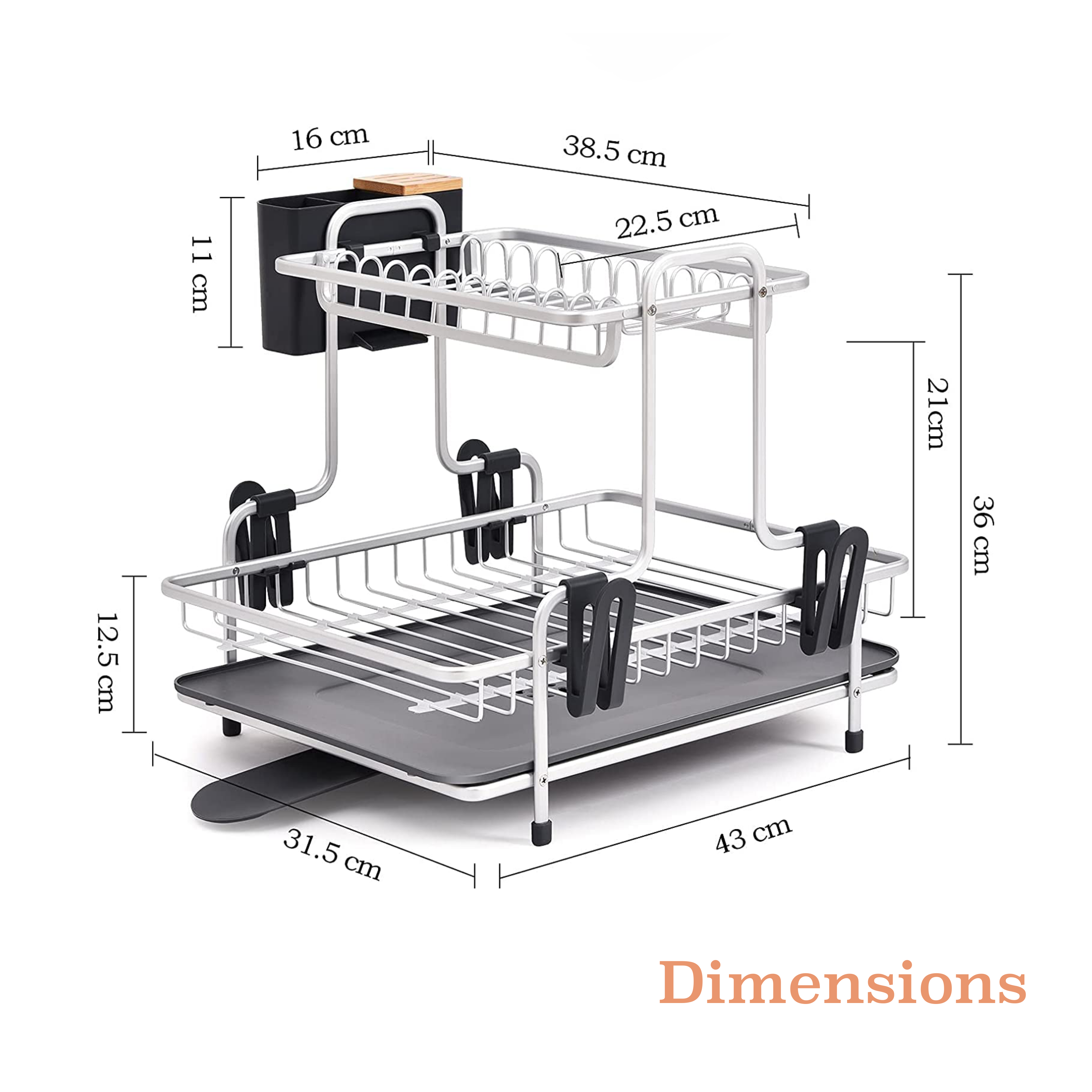 Rogu 2-Tier Aluminum Dish Rack with wood minimalist design
