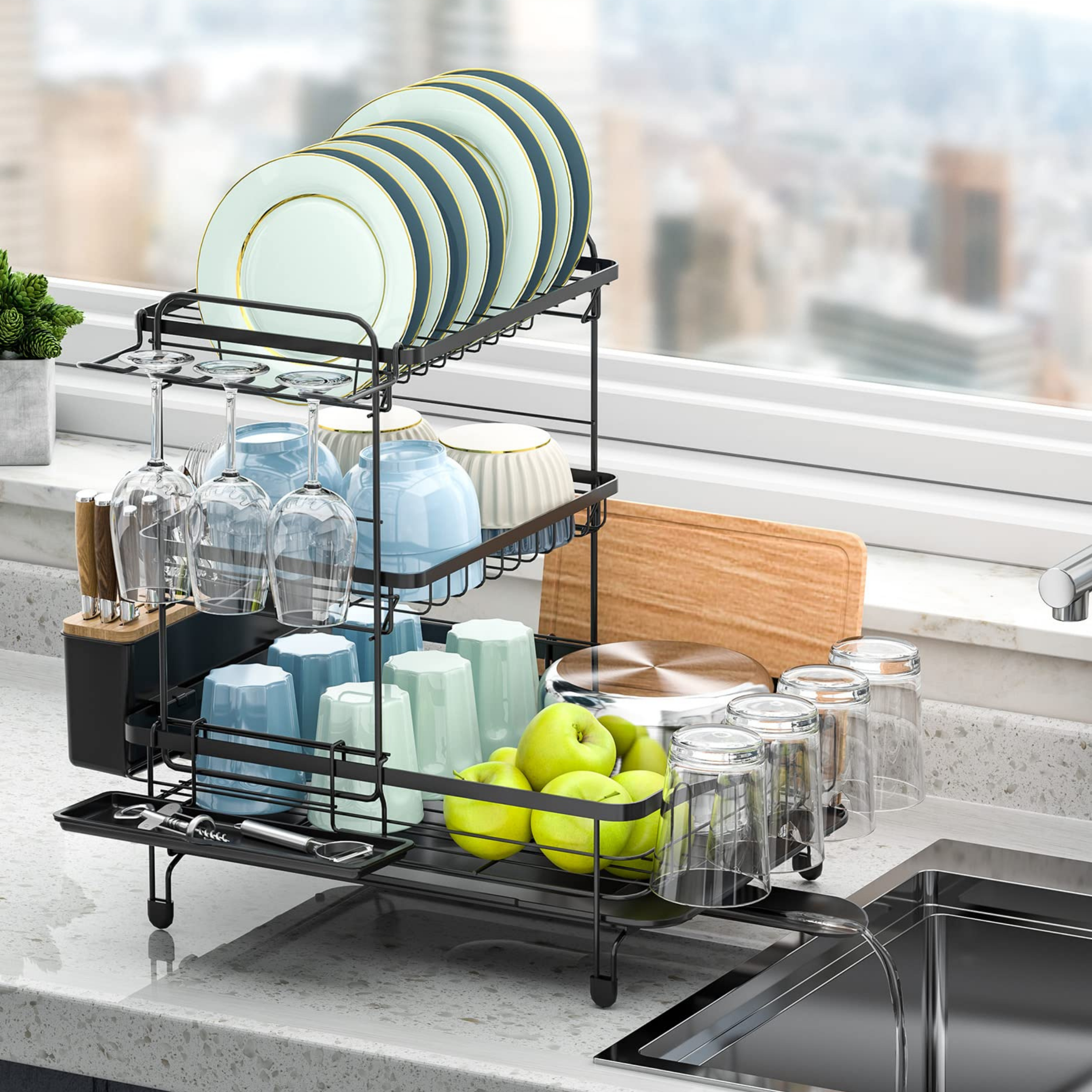 Rogu 2-Tier Dish Rack with wood minimalist design