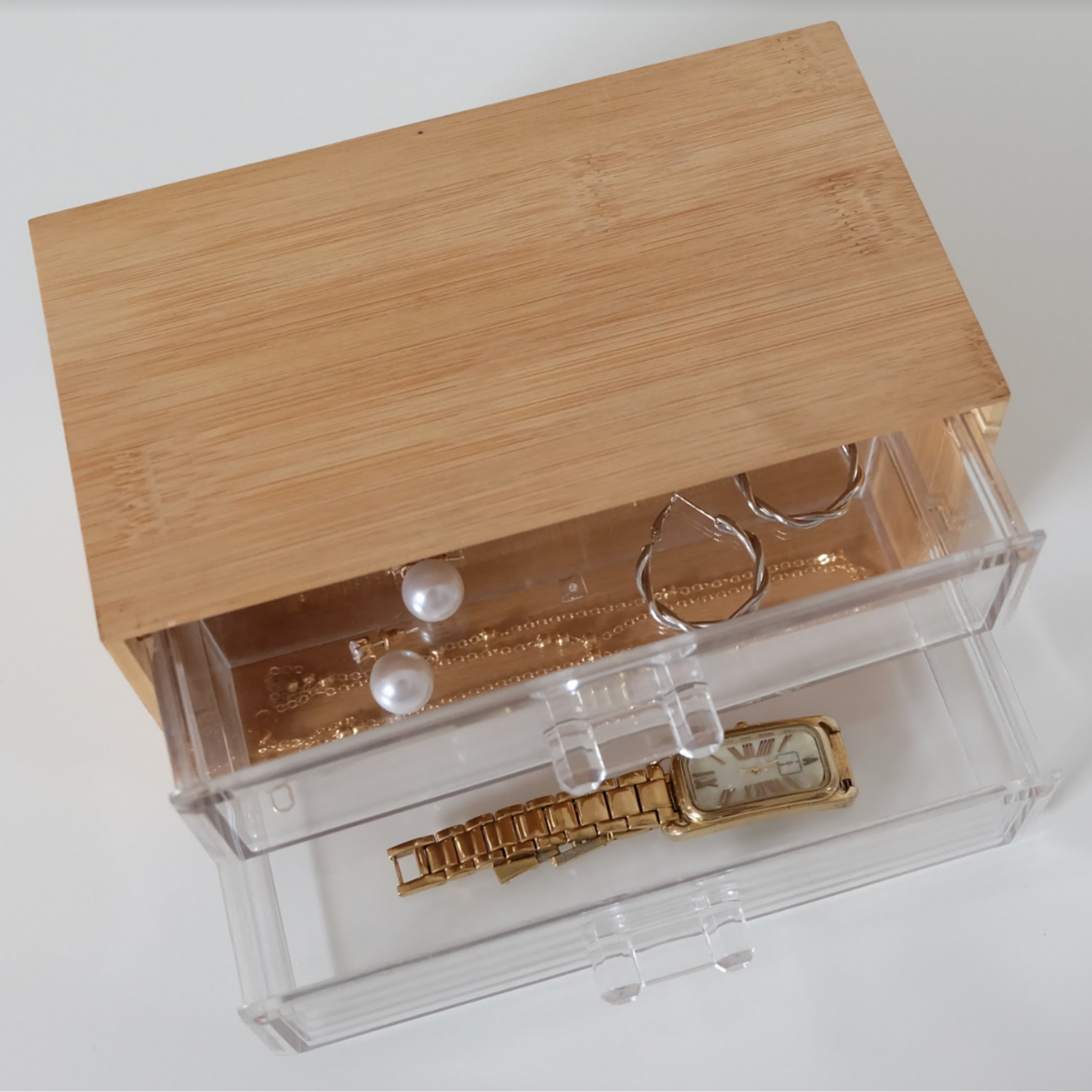 Sachi 2-Layer Mini Wood and Clear Drawer Organizer