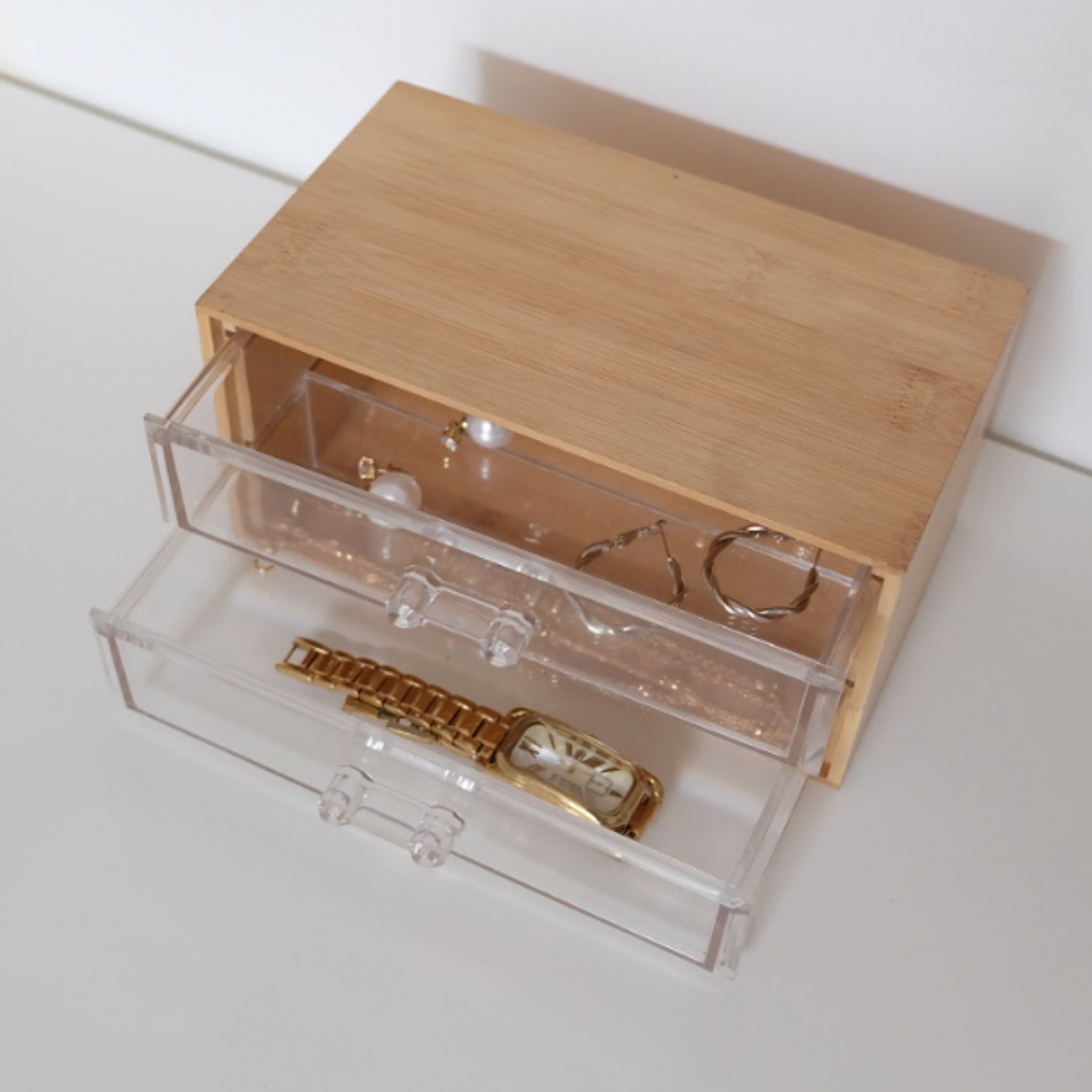 Sachi 2-Layer Mini Wood and Clear Drawer Organizer