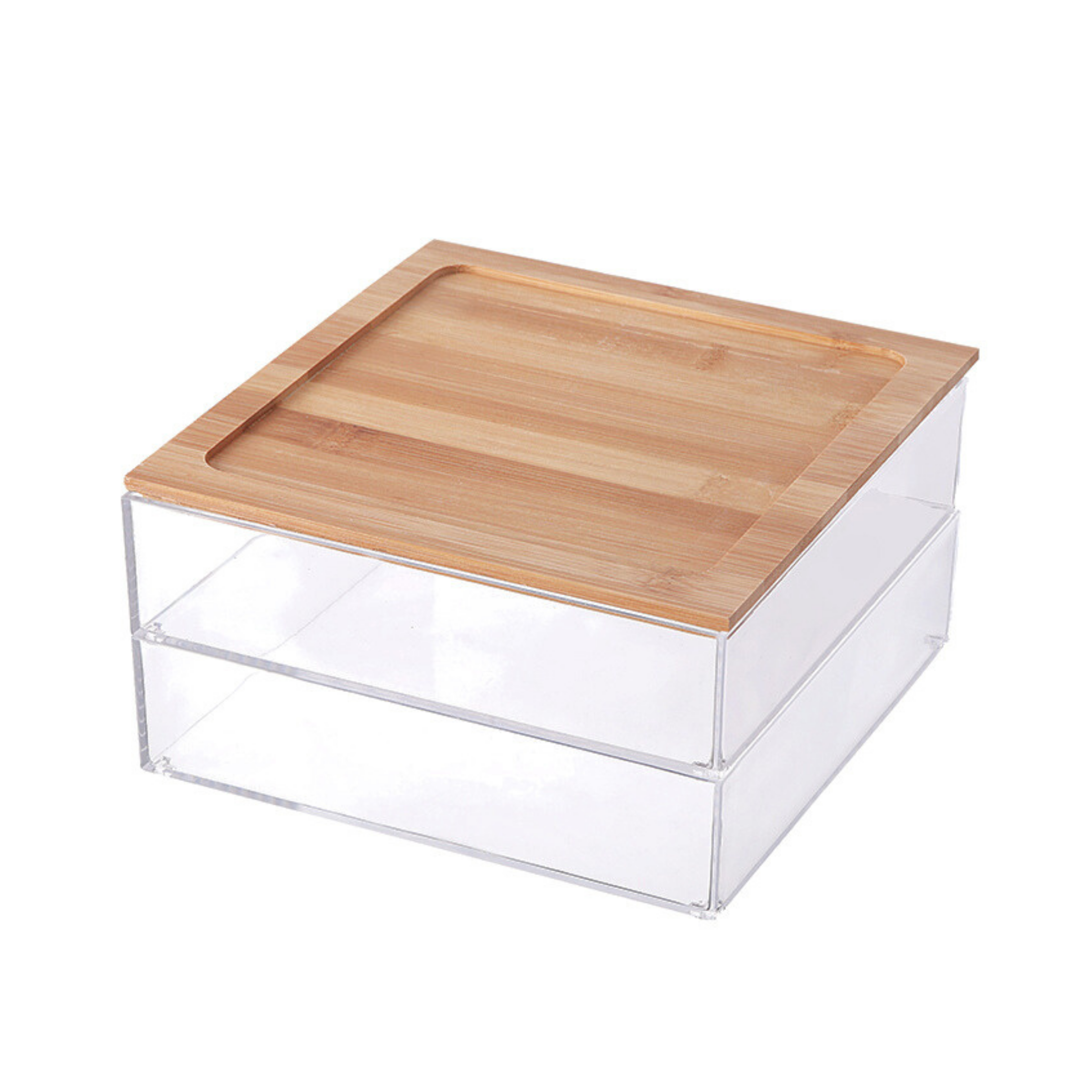 Sachi 2-Tier Large Clear Storage Box Organizer with Wood Cover Minimalist Design