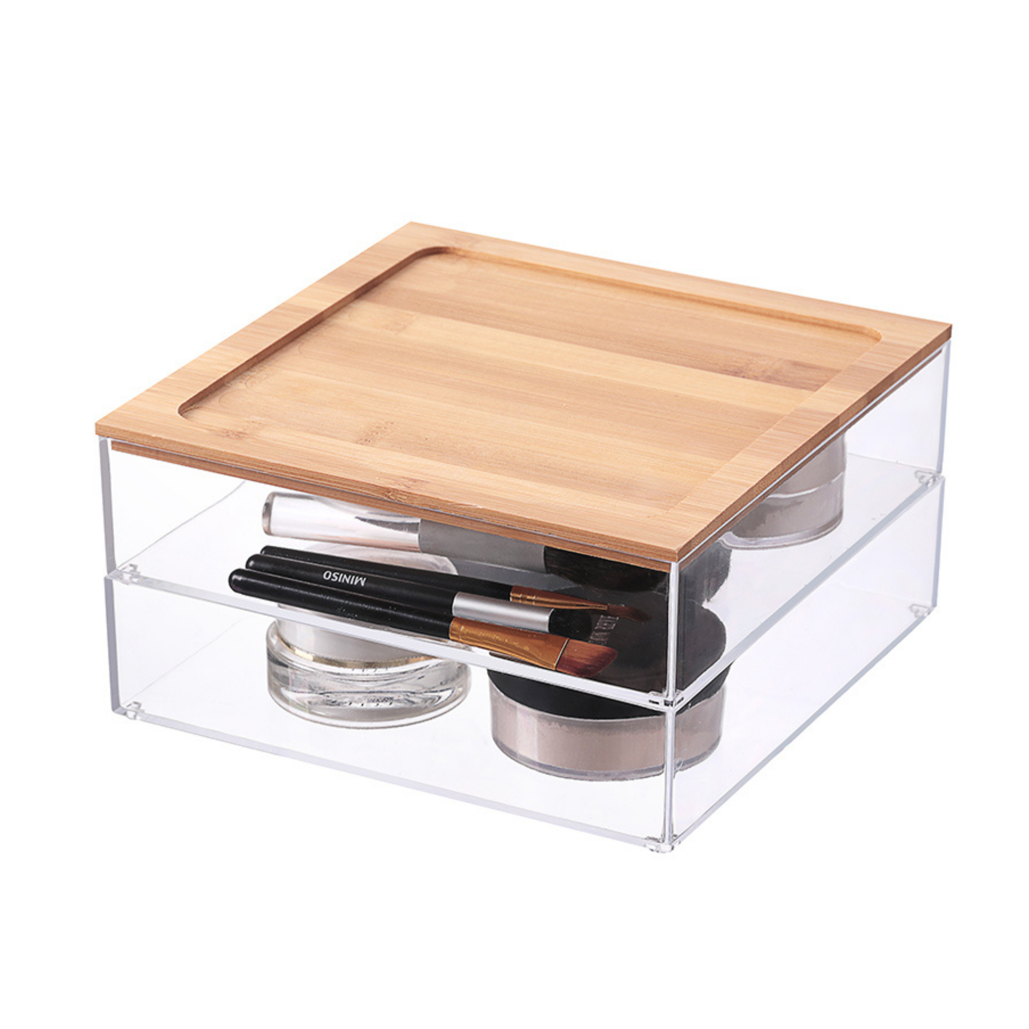 Sachi 2-Tier Large Clear Storage Box Organizer with Wood Cover Minimalist Design