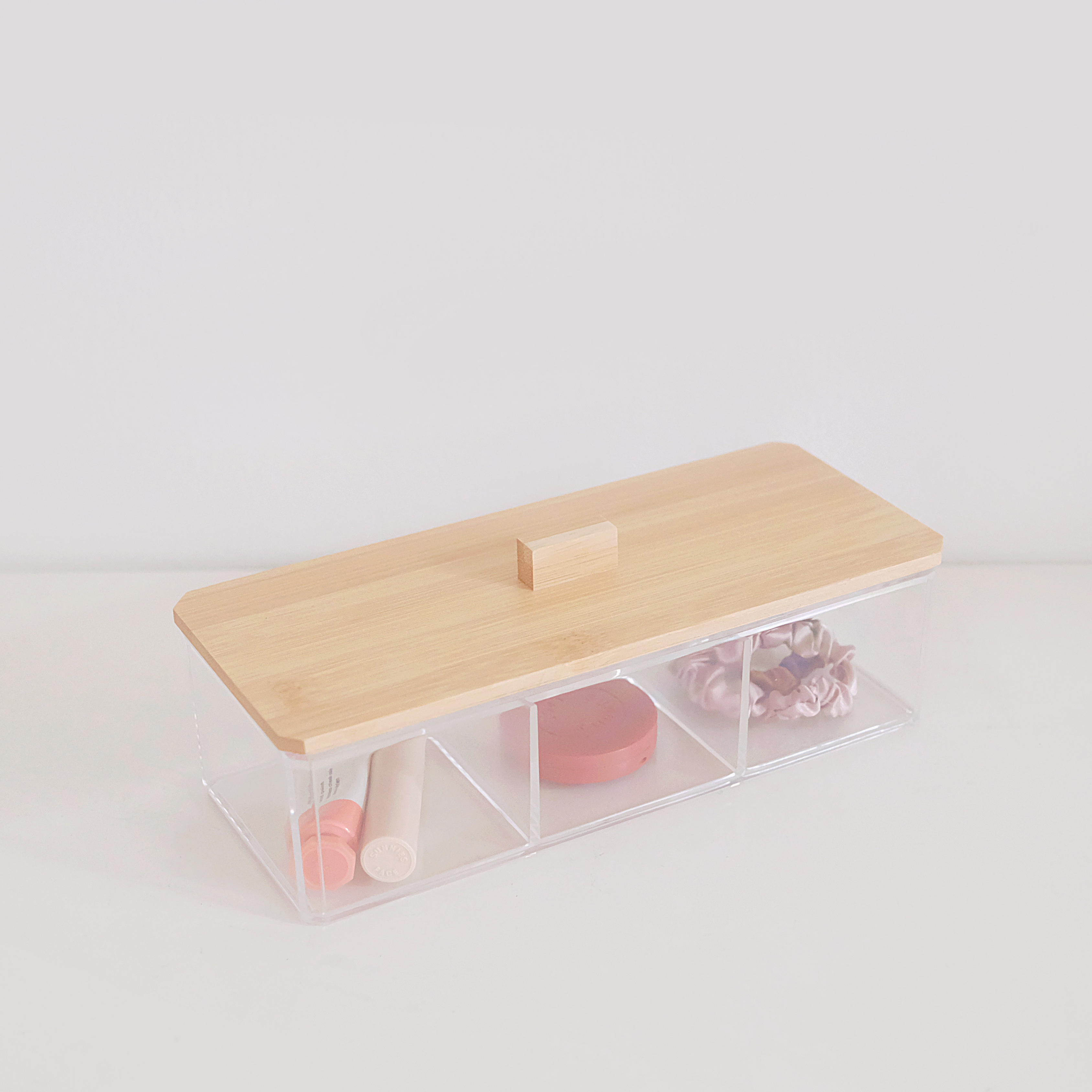 Sachi 3 Slots Clear Box Organizer with Wood Cover
