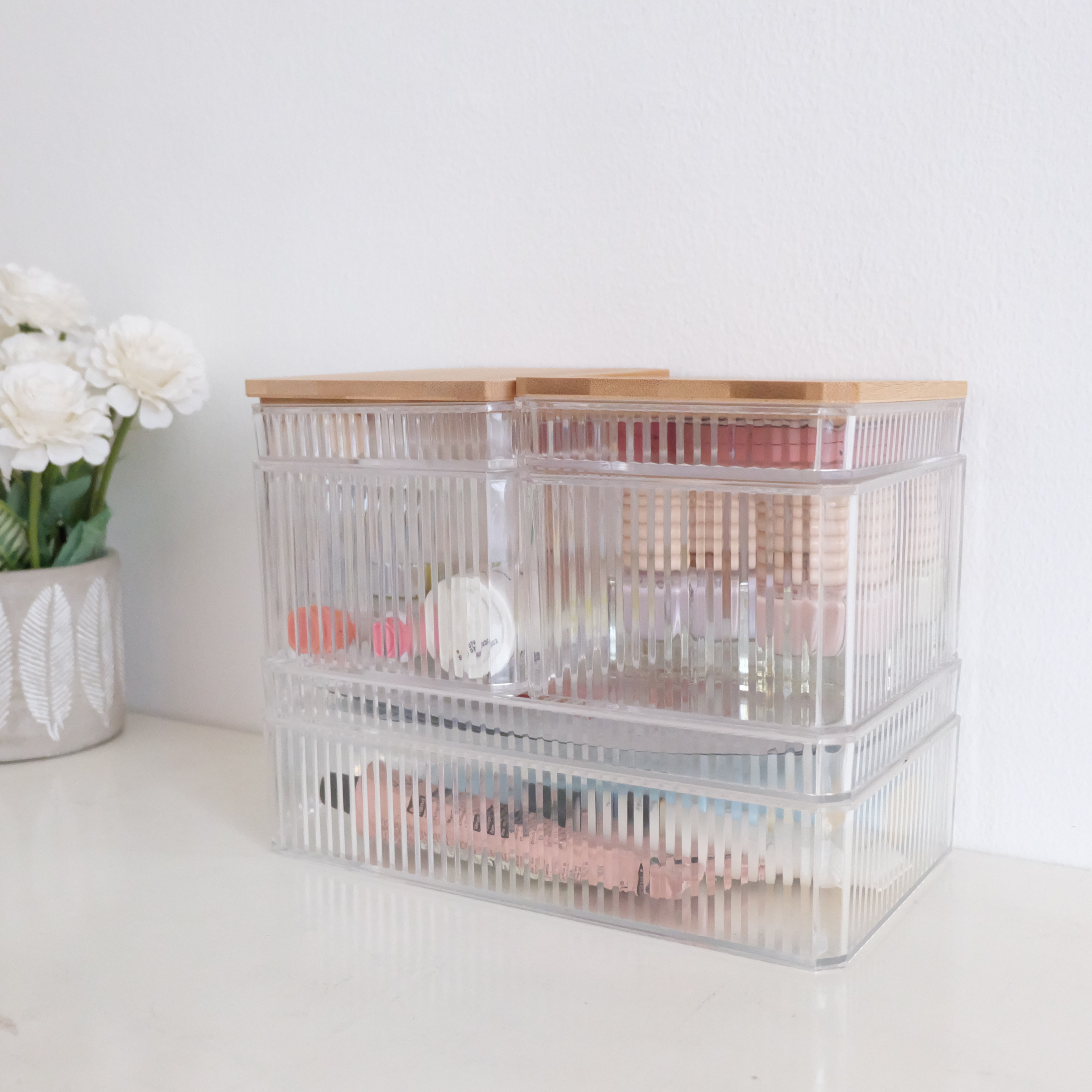 Sachi Clear Storage Boxes with Wood Cover Minimalist Design
