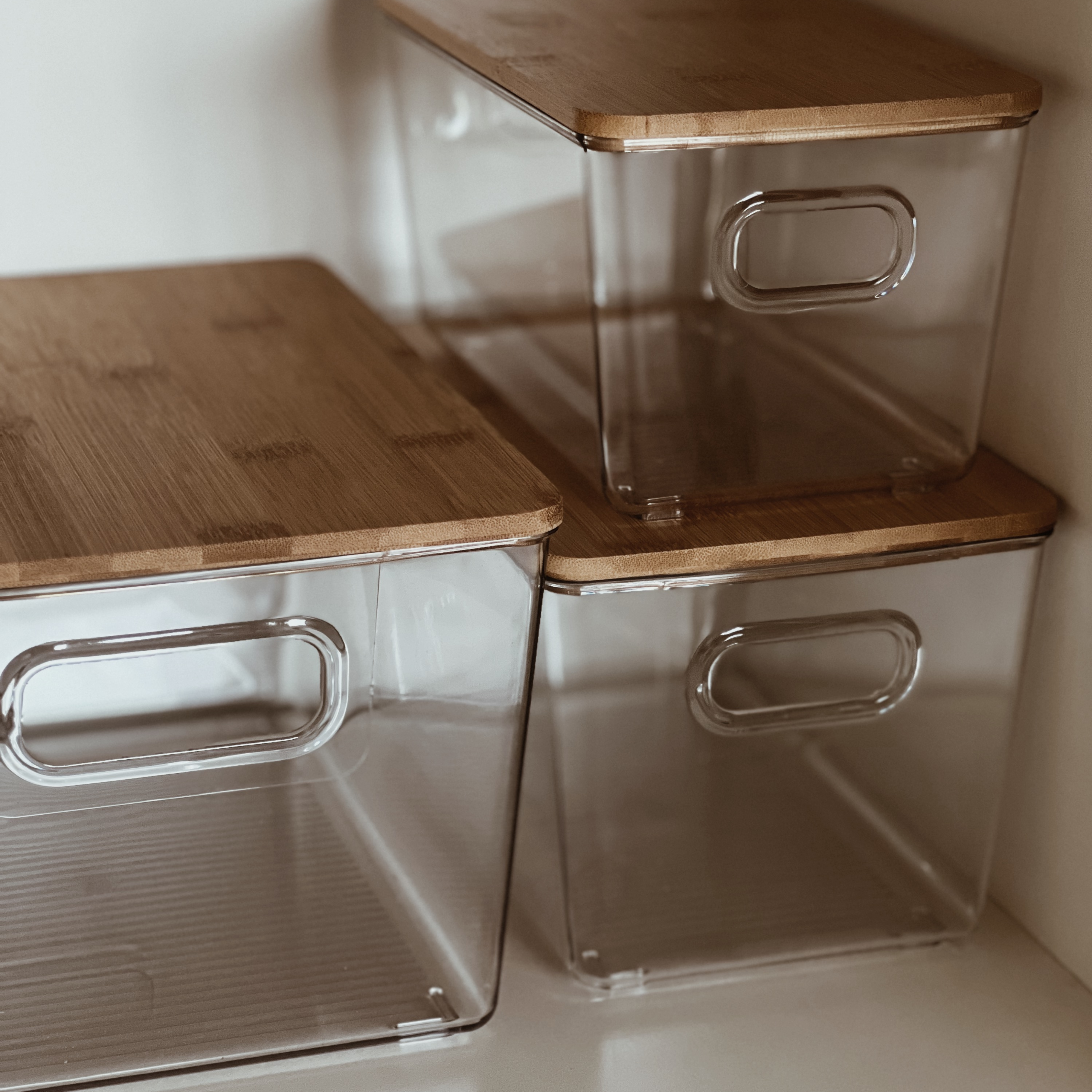 Sachi Clear Storage Boxes with Wood Cover, Minimalist Design