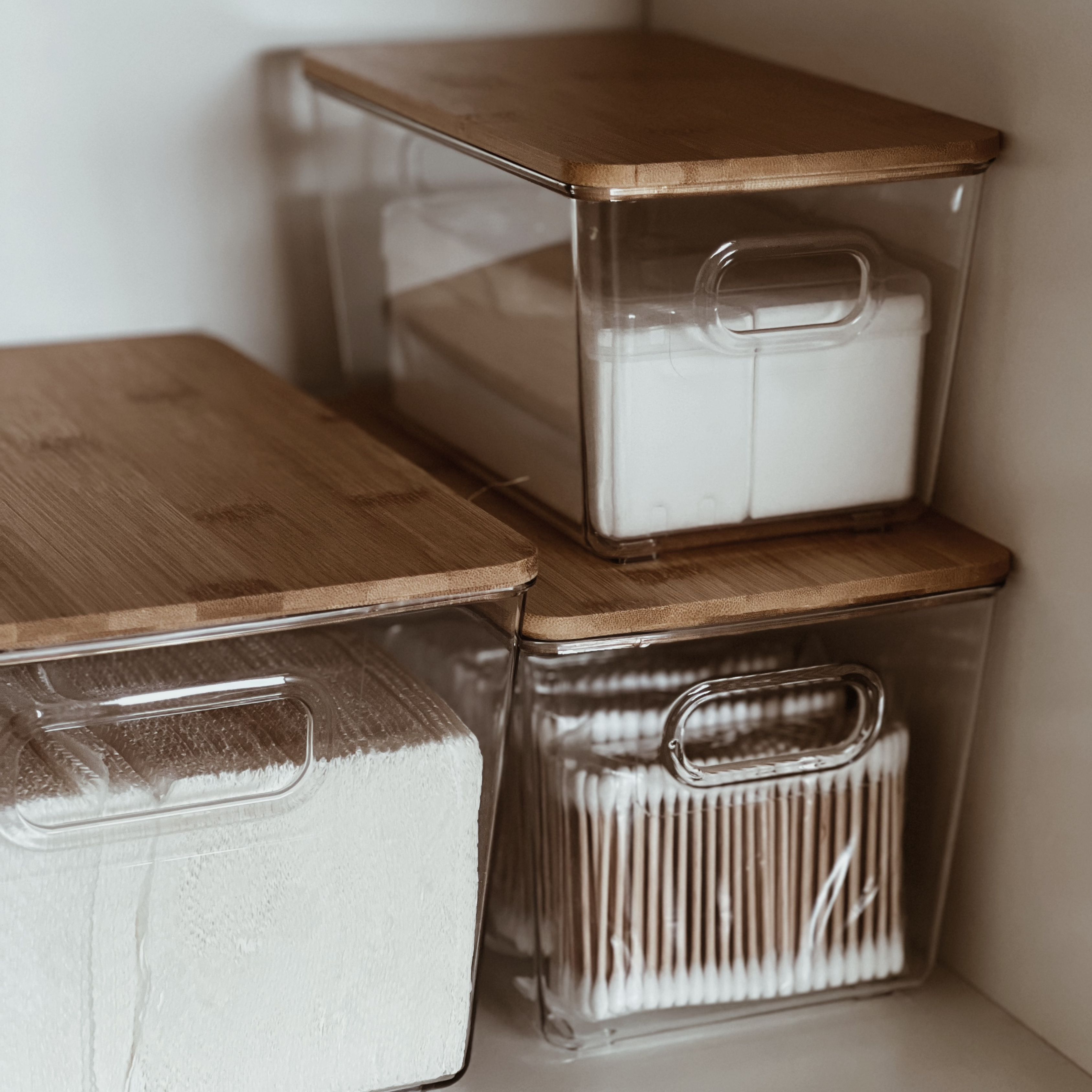 Sachi Clear Storage Boxes with Wood Cover, Minimalist Design