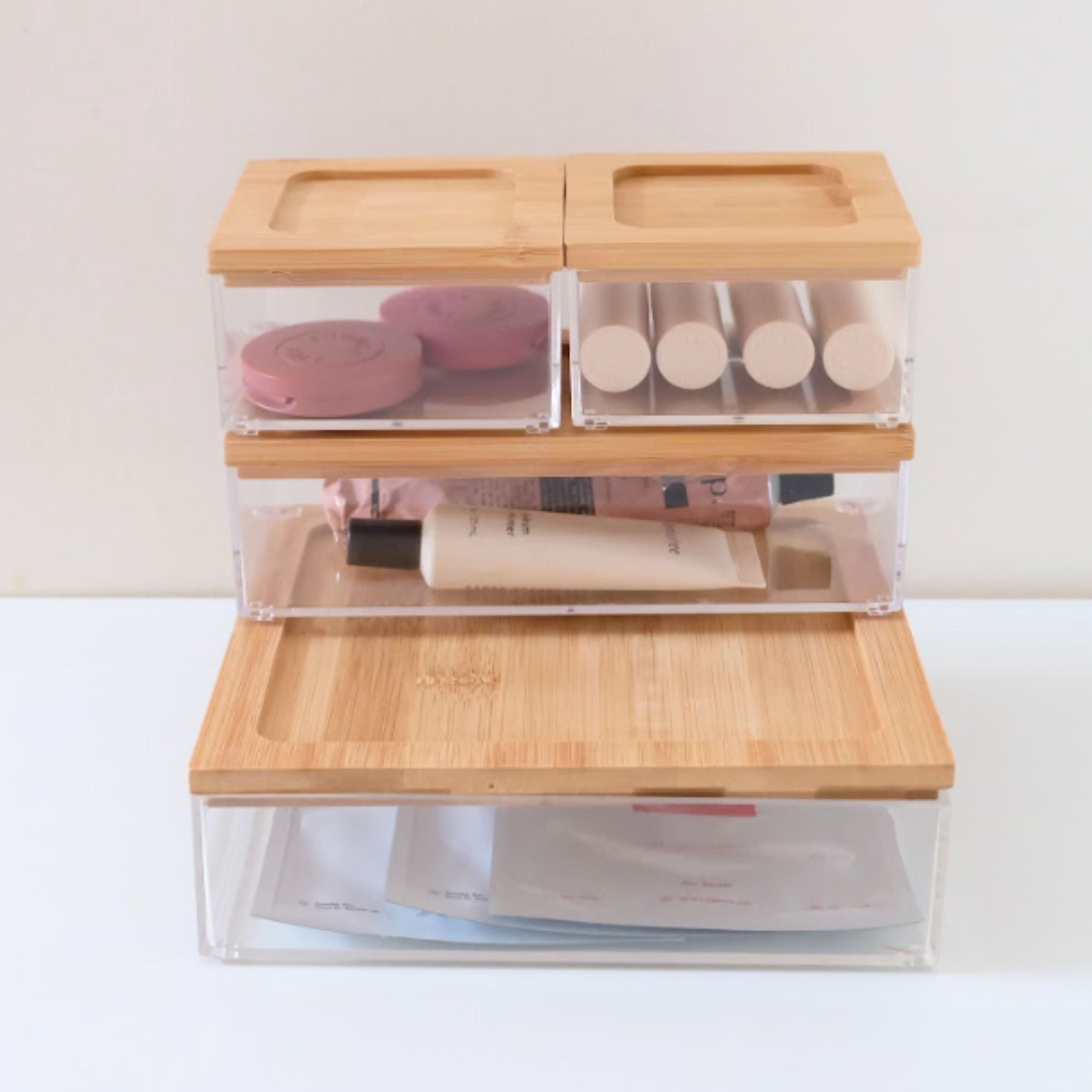 Sachi Clear Storage Organizers with Wood Cover Minimalist Design (Set of 4)