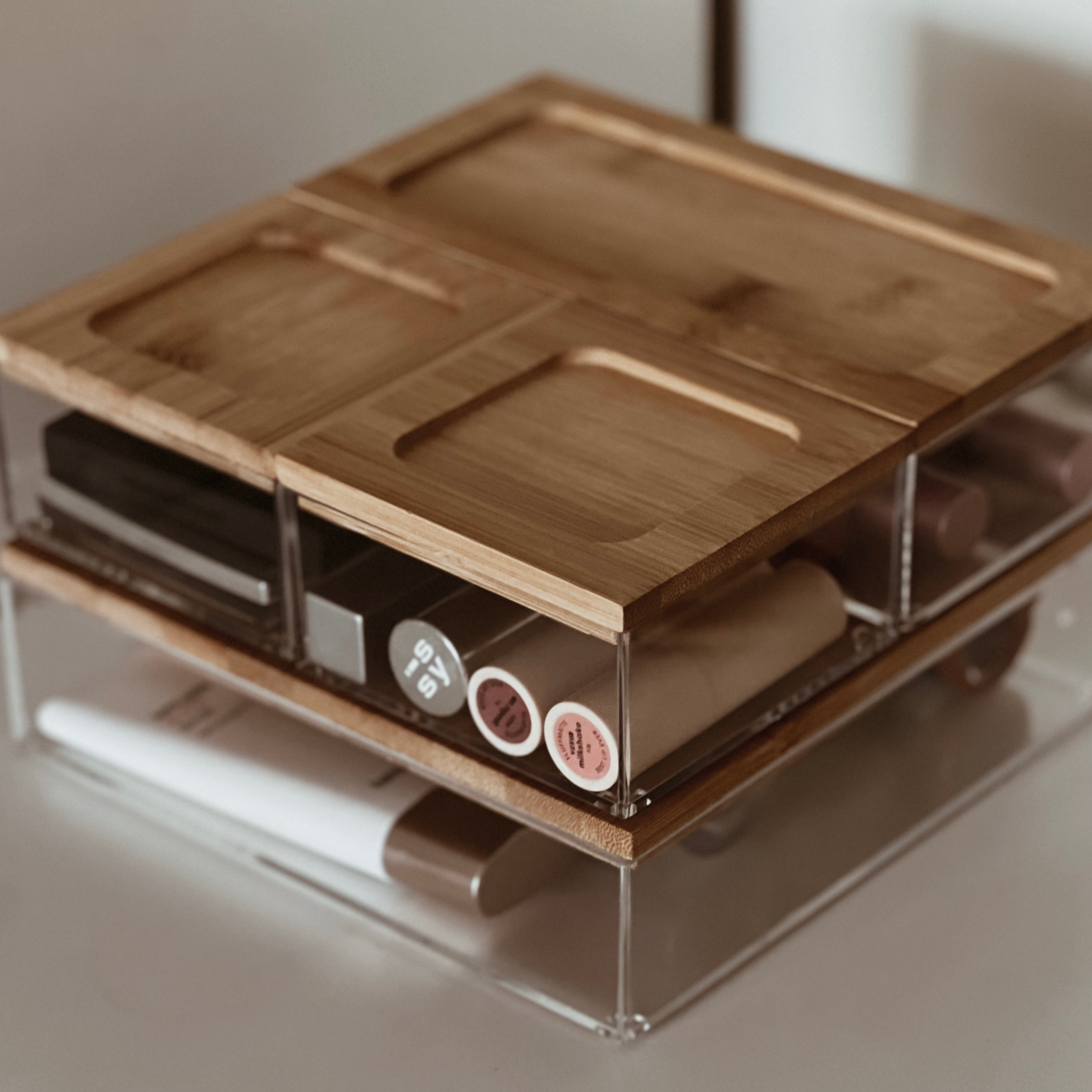 Sachi Clear Storage Organizers with Wood Cover Minimalist Design (Set of 4)