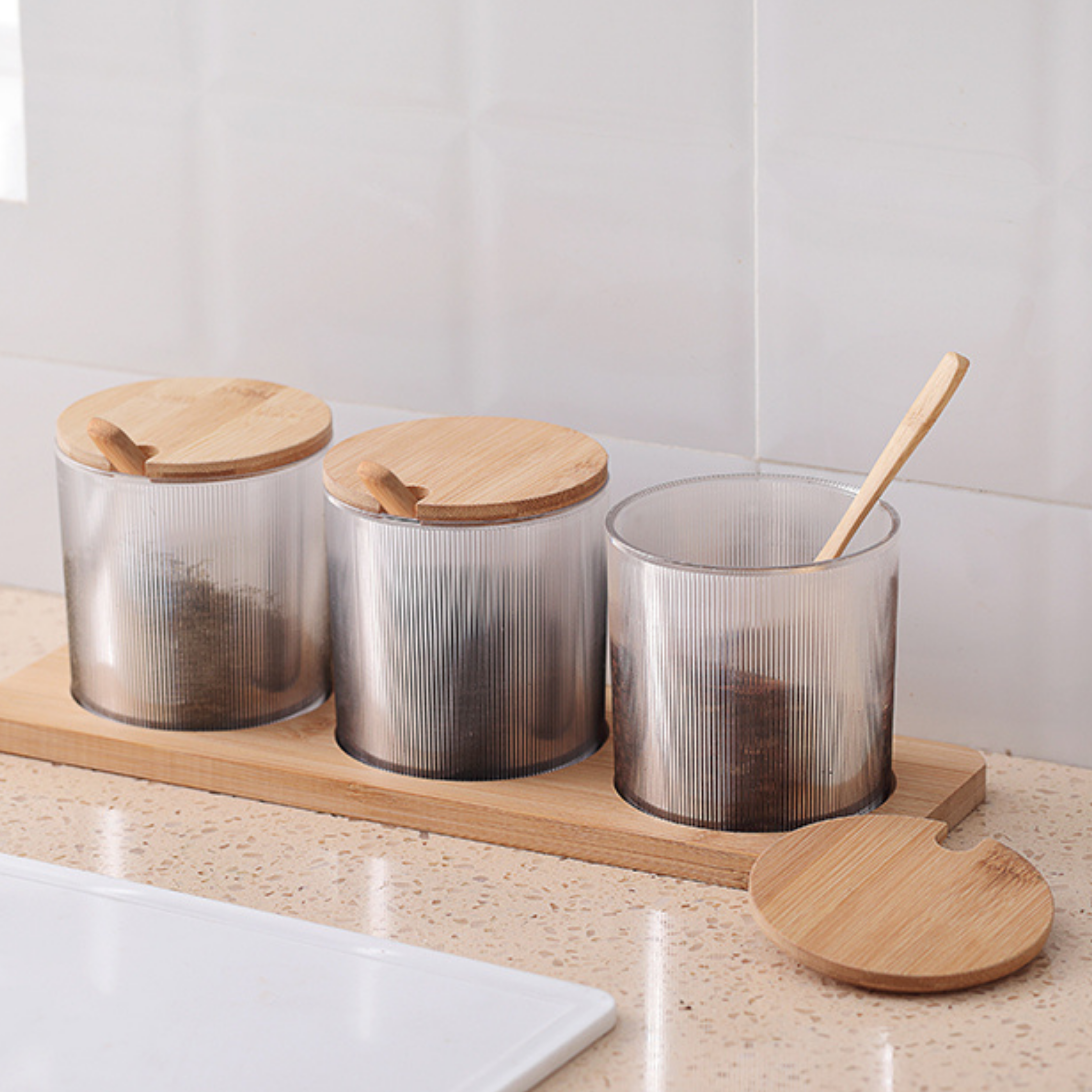 Sachi Round Shaped Clear Seasoning Storage with Wood Lid and Base Minimalist Design (Set of 3)