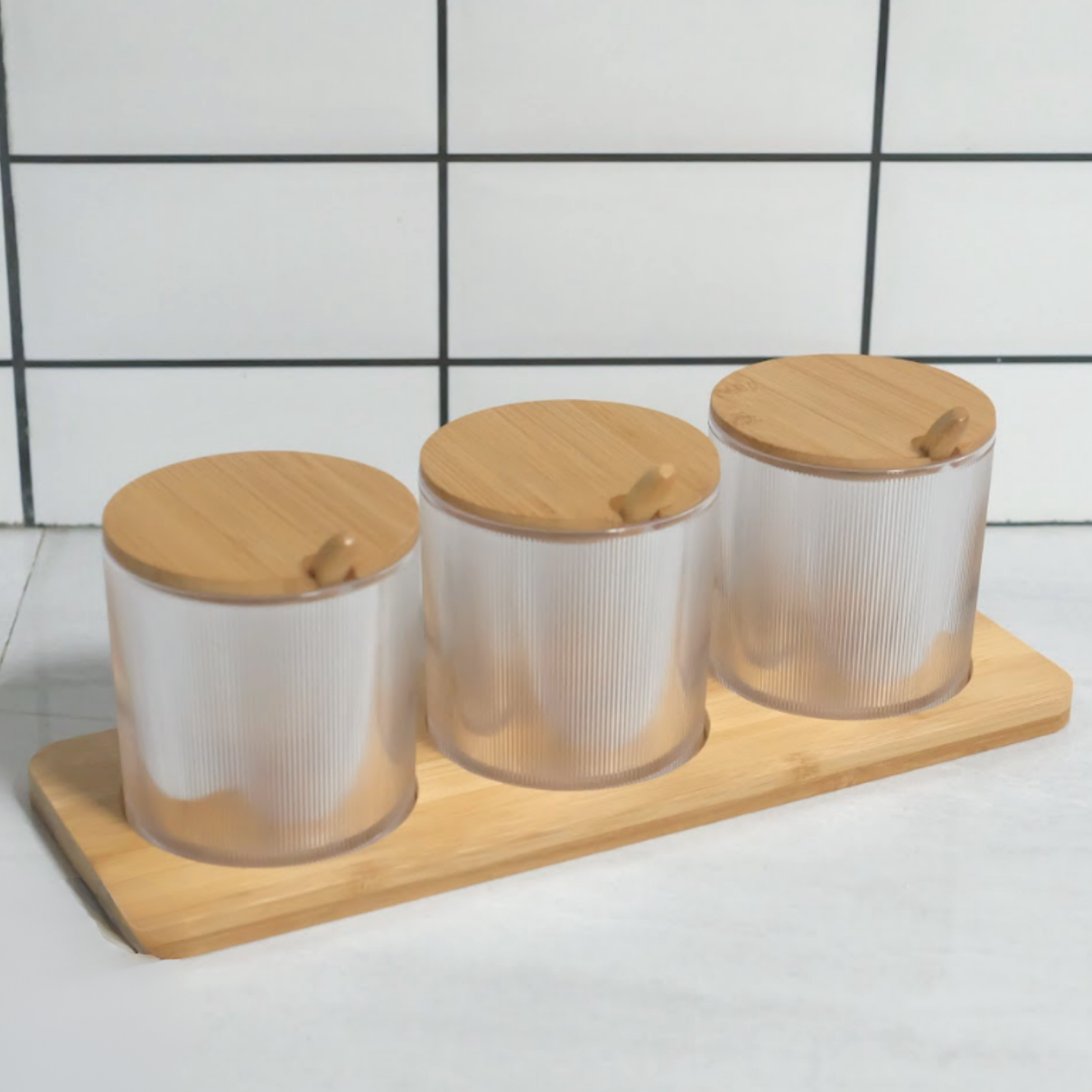 Sachi Round Shaped Clear Seasoning Storage with Wood Lid and Base Minimalist Design (Set of 3)
