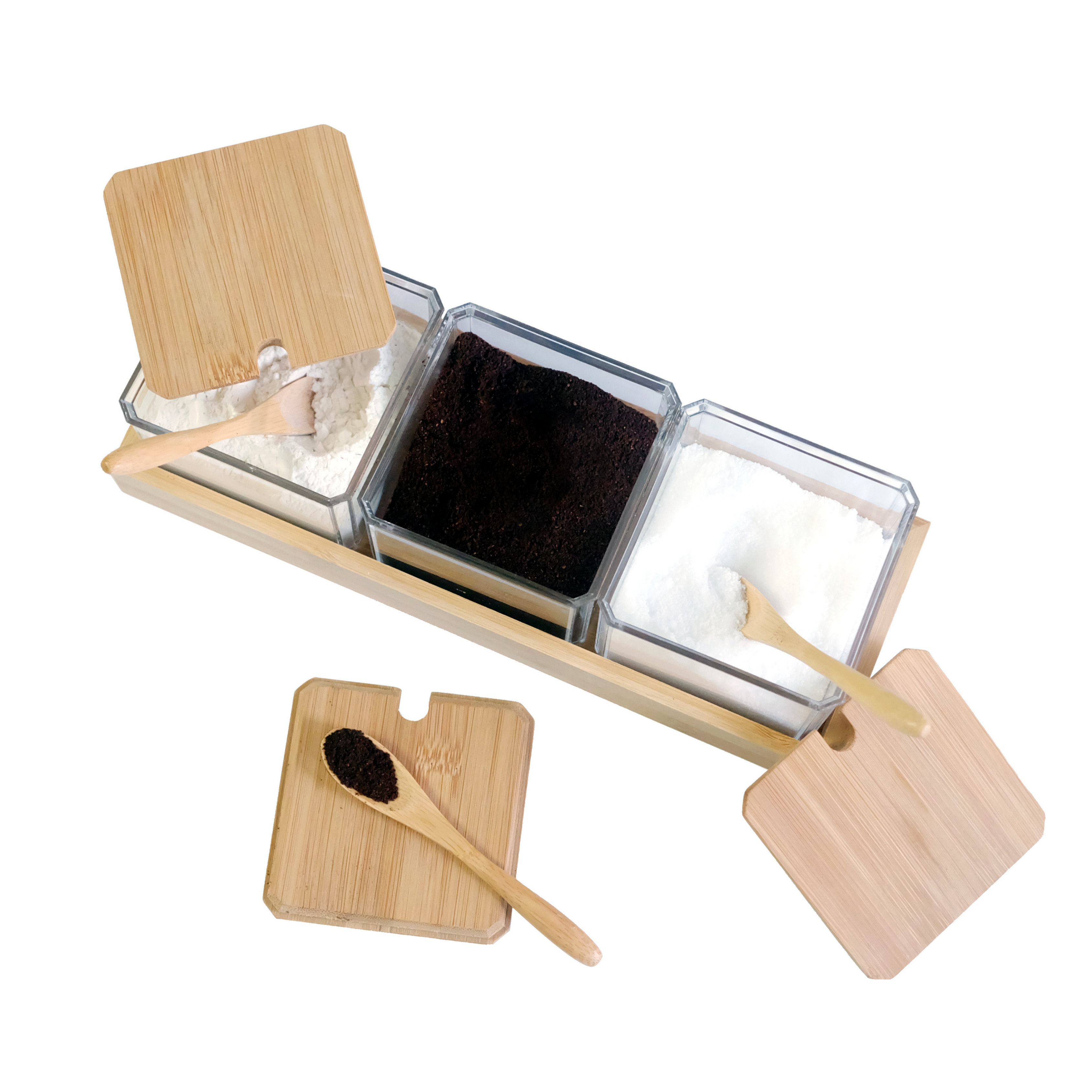 Sachi Square Shaped Clear Condiments Box with Wood Lid and Base Minimalist Design (Set of 3)