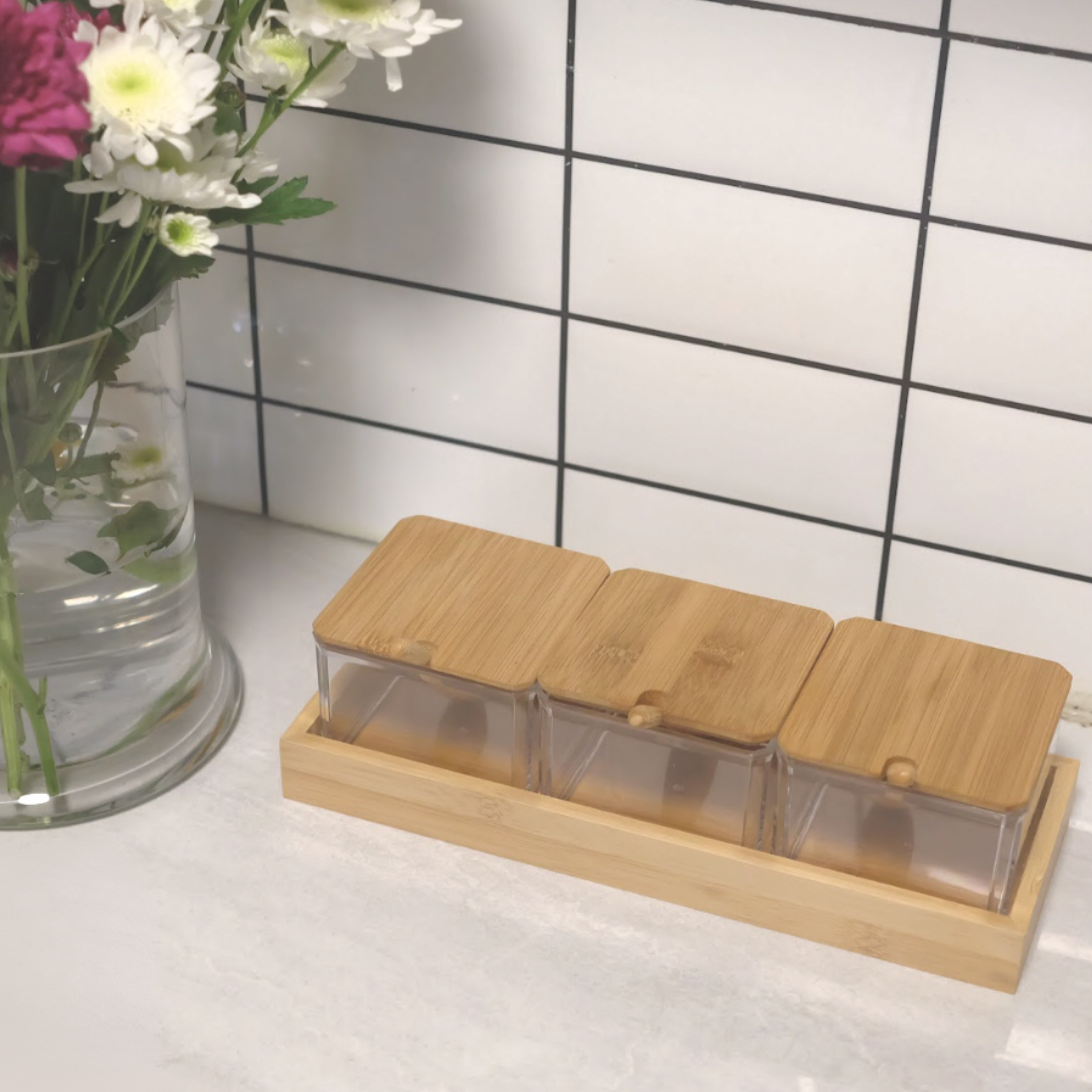 Sachi Square Shaped Clear Condiments Box with Wood Lid and Base Minimalist Design (Set of 3)