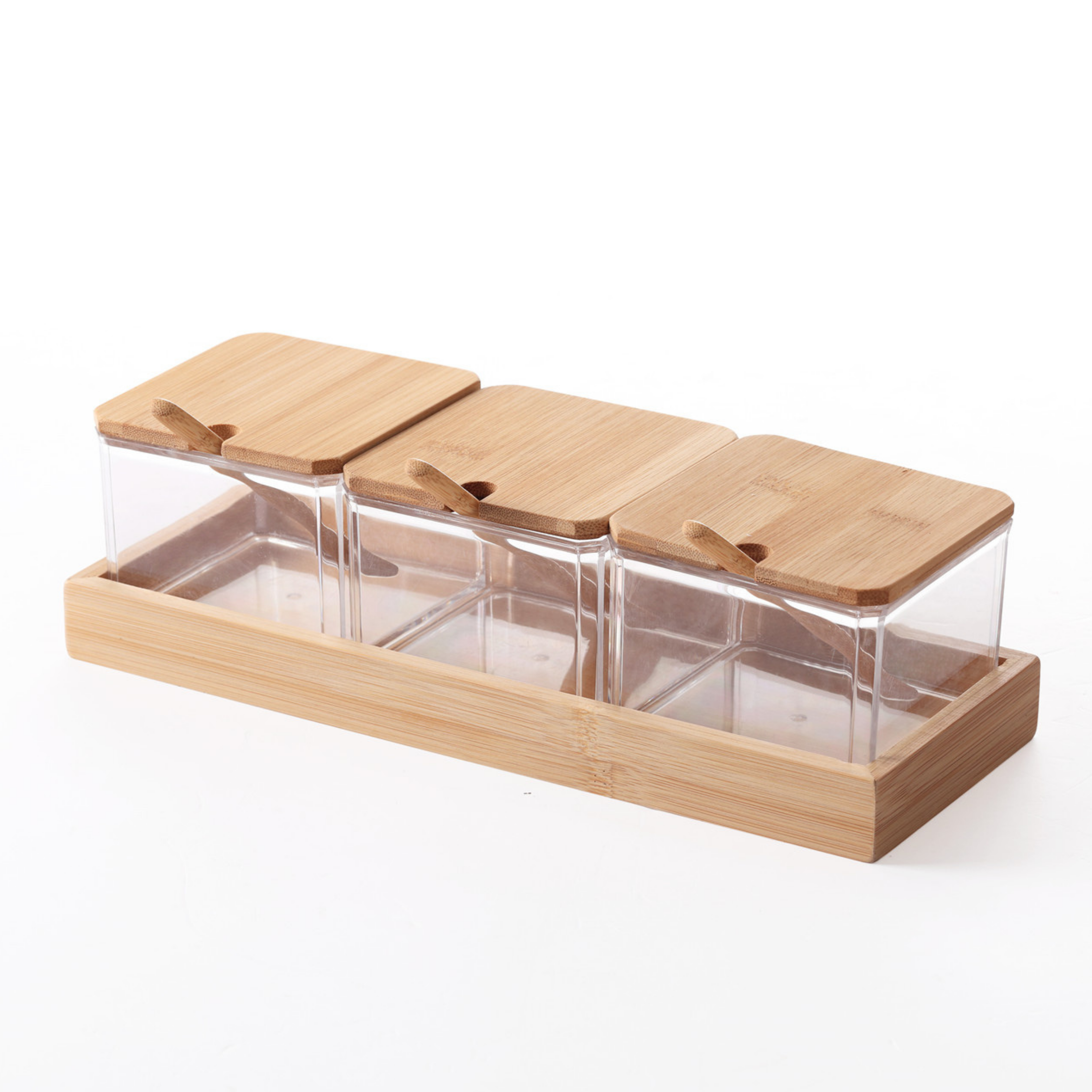 Sachi Square Shaped Clear Condiments Box with Wood Lid and Base Minimalist Design (Set of 3)
