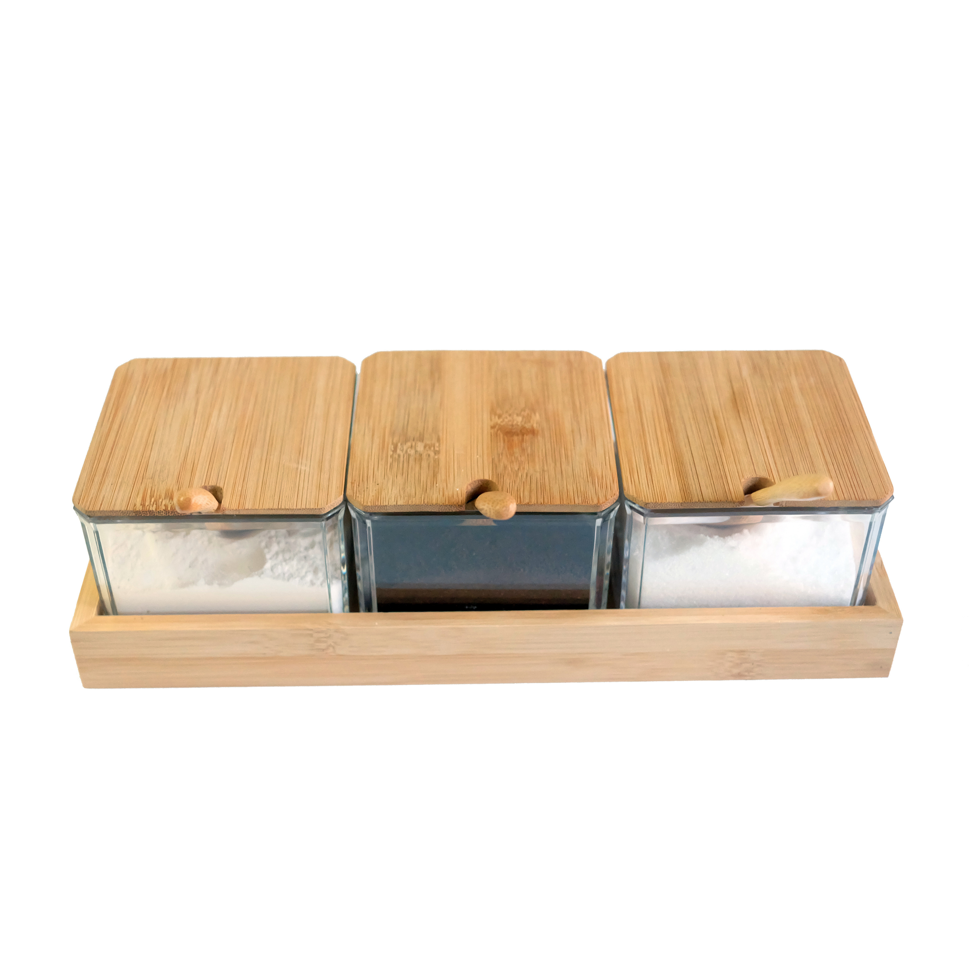 Sachi Square Shaped Clear Condiments Box with Wood Lid and Base Minimalist Design (Set of 3)