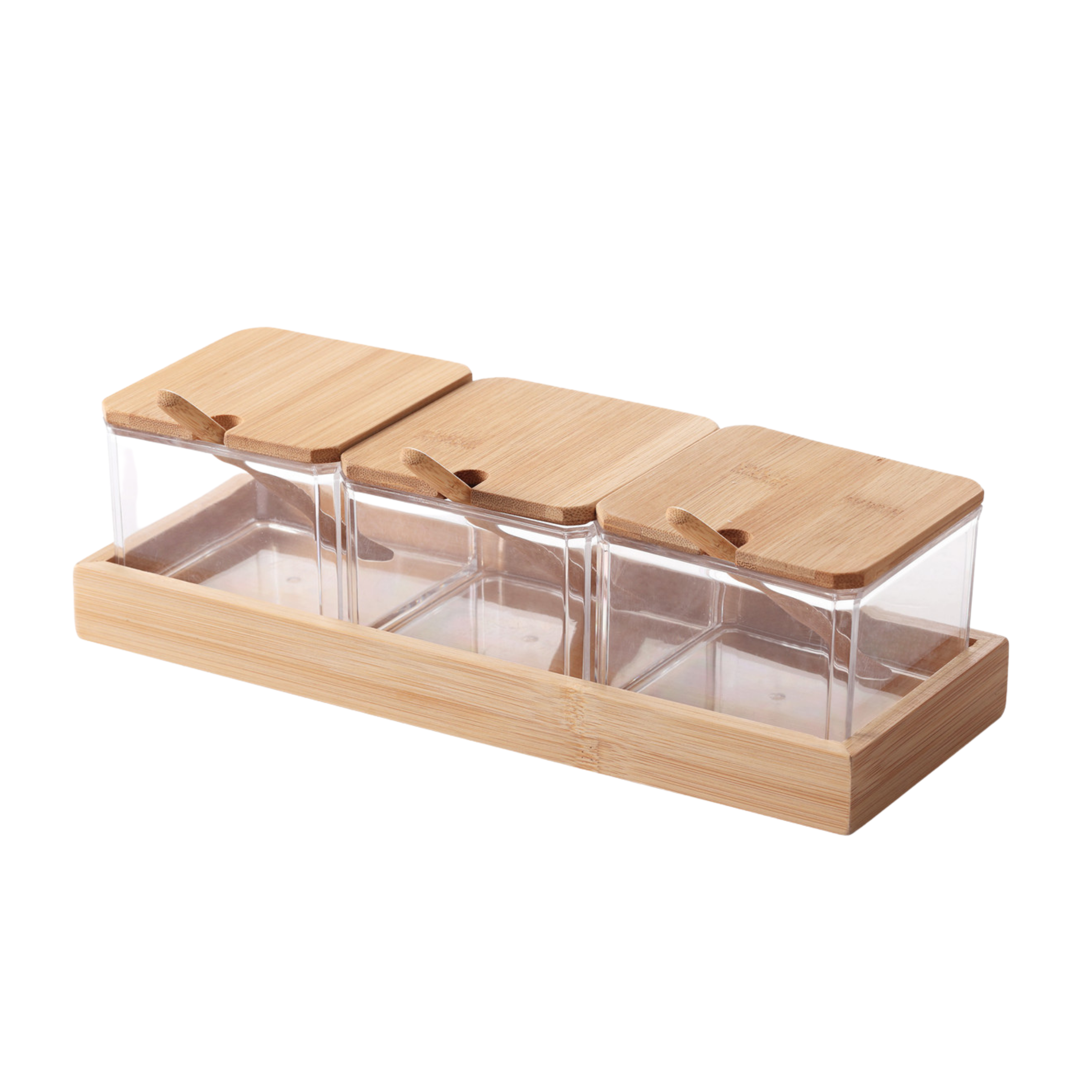 Sachi Square Shaped Clear Condiments Box with Wood Lid and Base Minimalist Design (Set of 3)