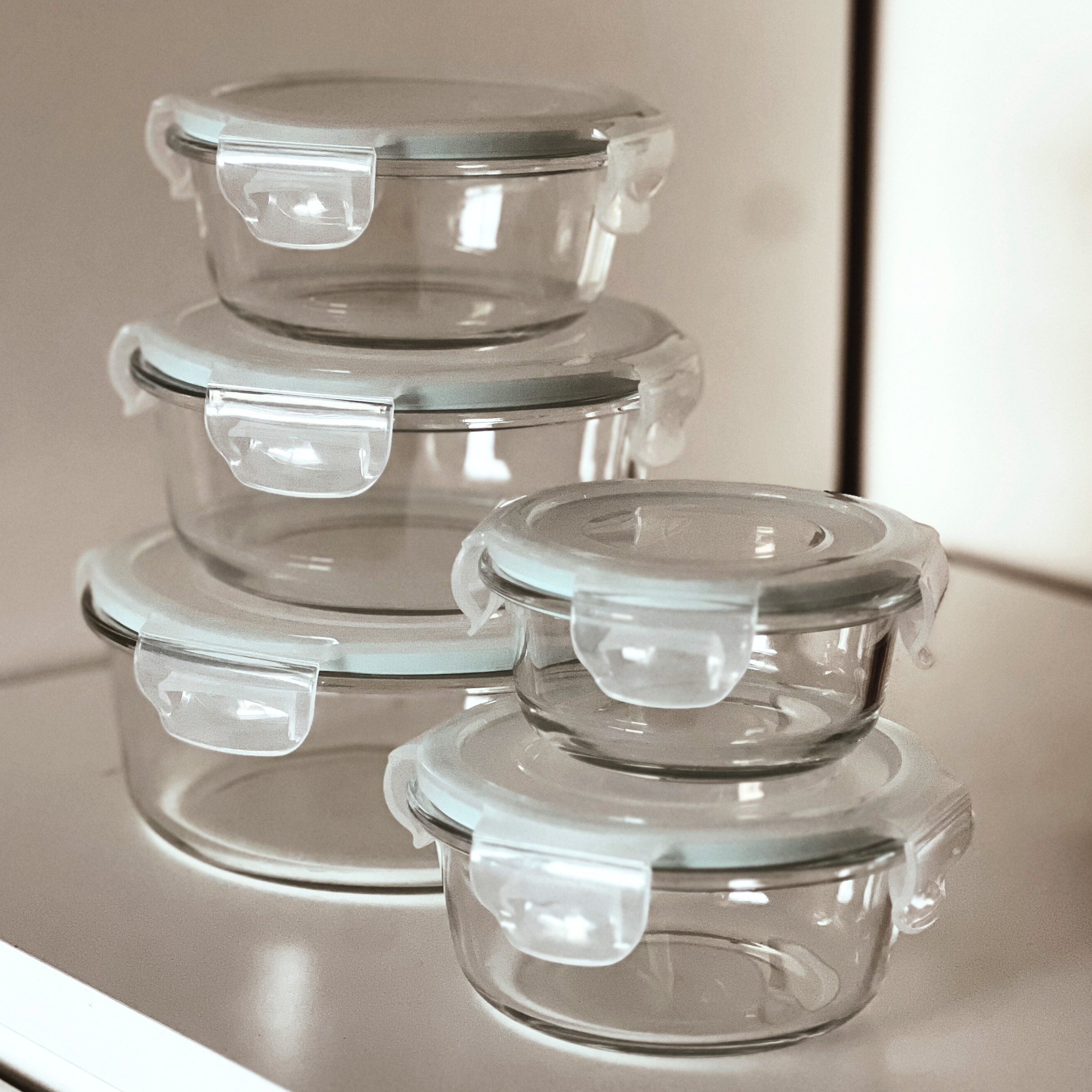 Akamiya Round High Borosilicate Glass Microwaveable Food Container Set