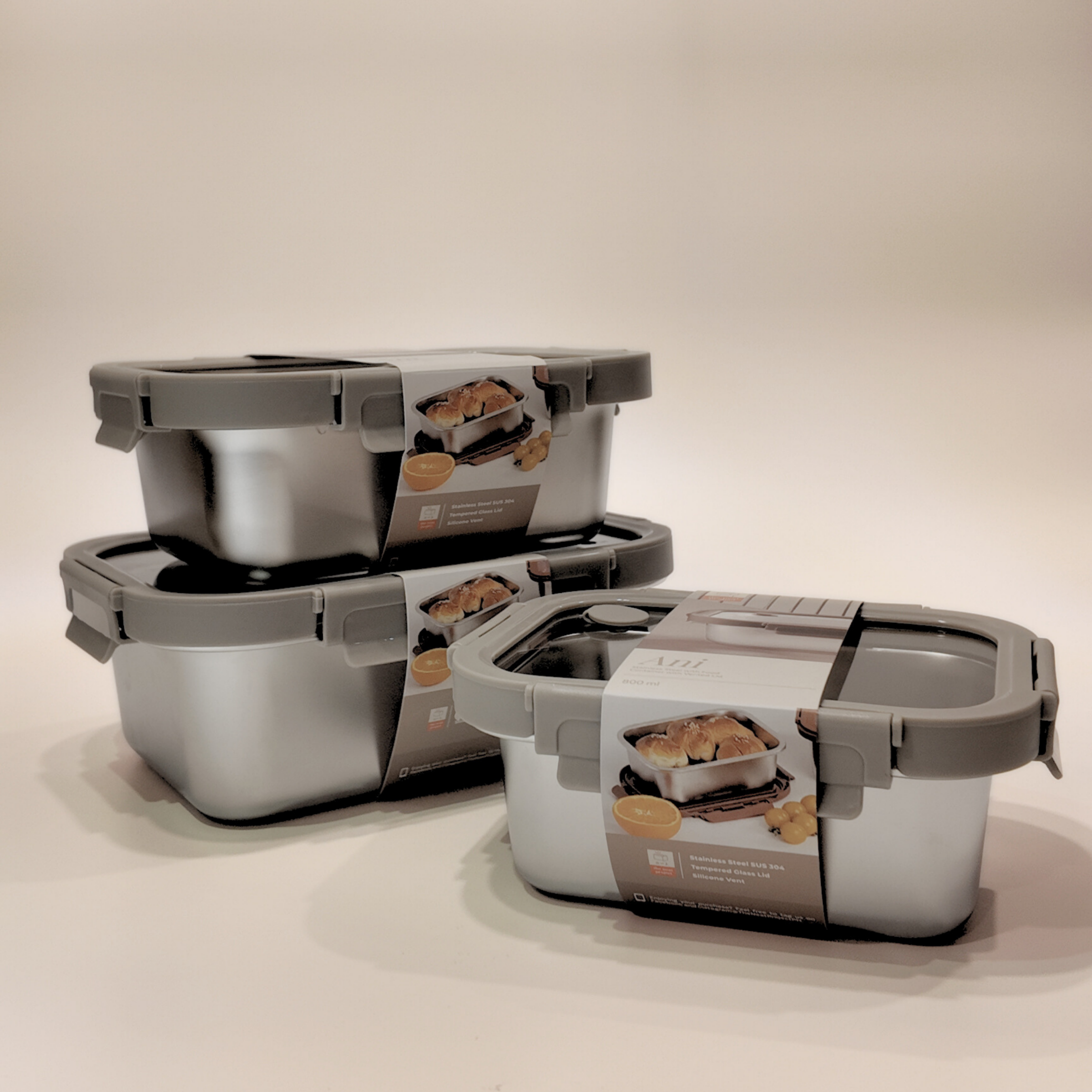 Ani Stainless Steel Rectangle container with Glass with vent Lids