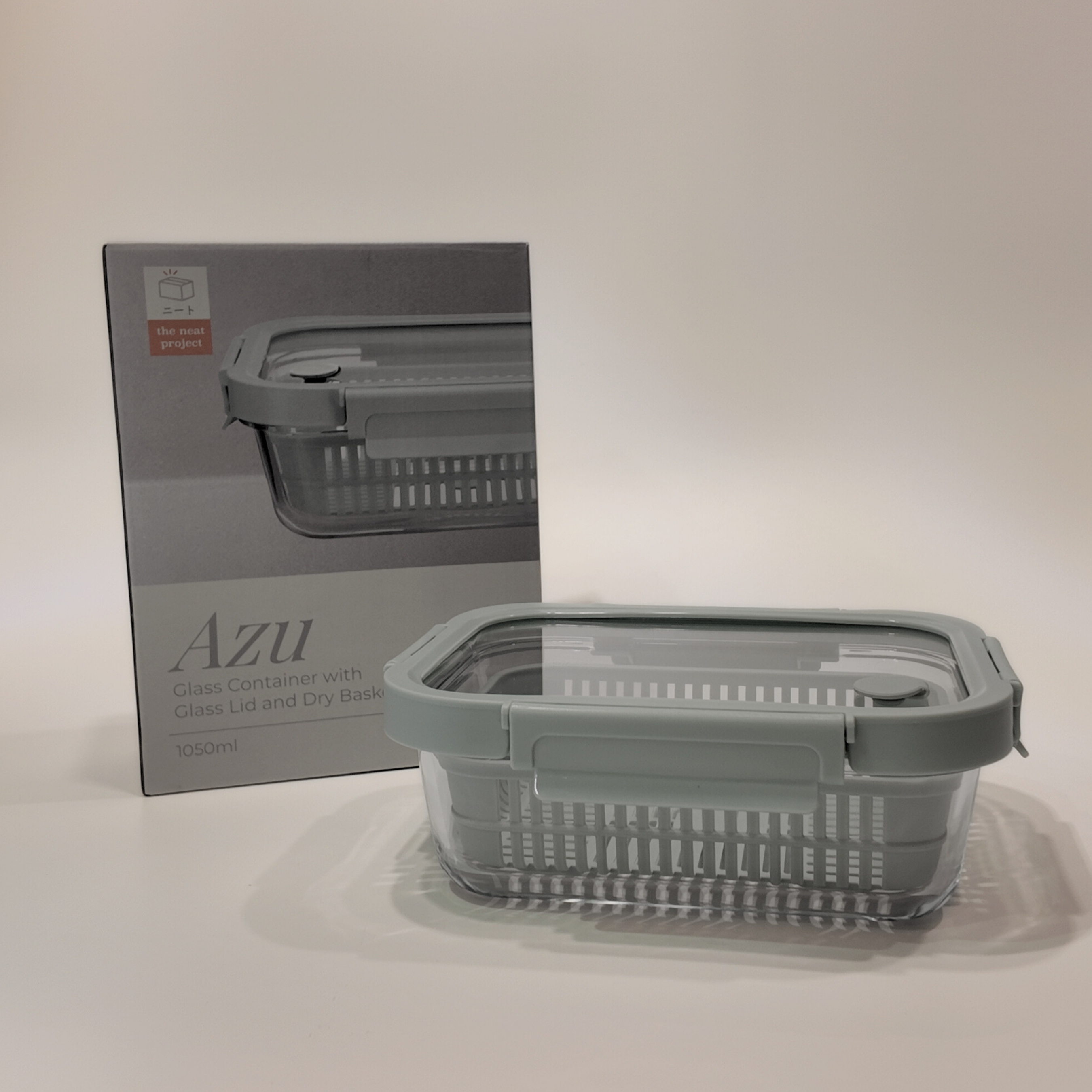 Azu Rectangular Glass Food Container with Liquid Silicone Lid and Dry Basket