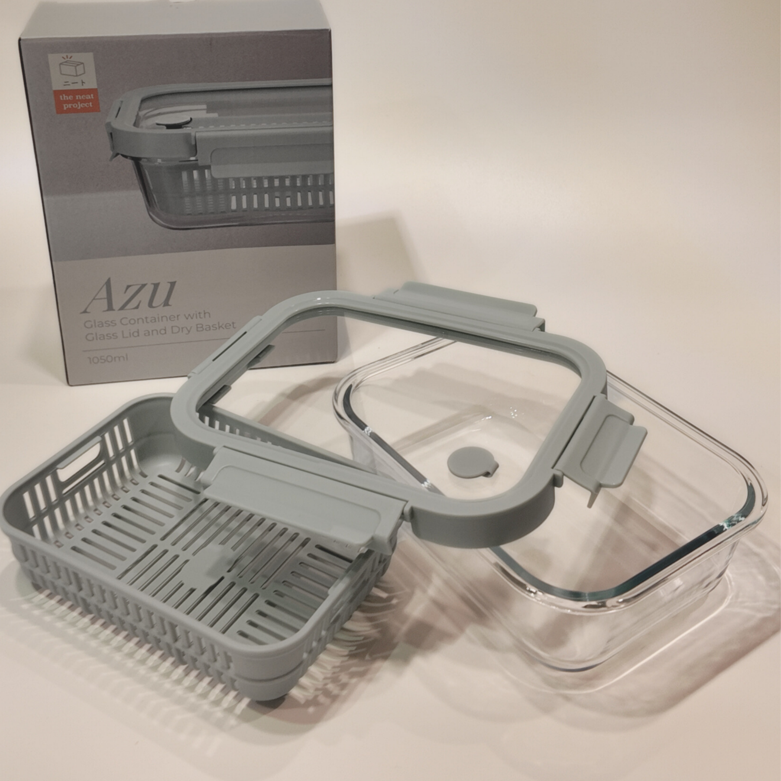 Azu Rectangular Glass Food Container with Liquid Silicone Lid and Dry Basket