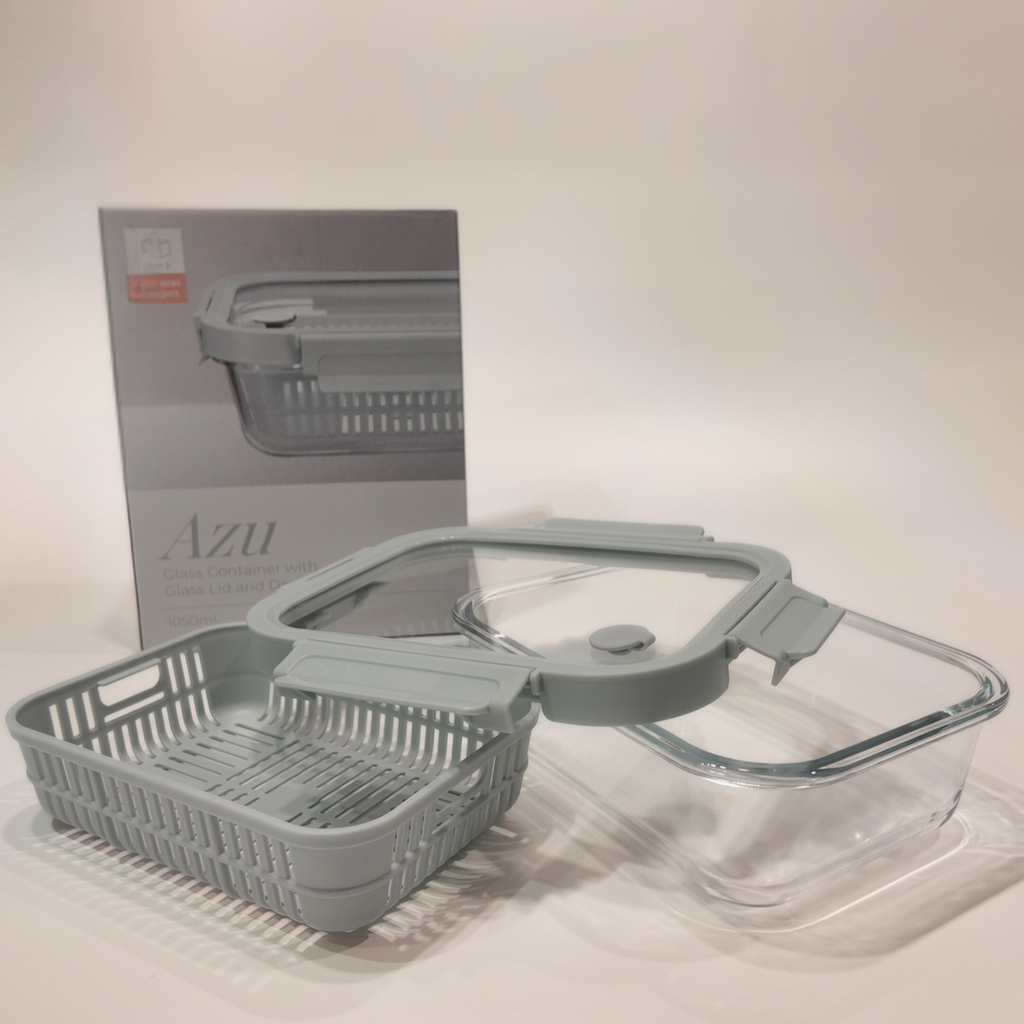 Azu Rectangular Glass Food Container with Liquid Silicone Lid and Dry Basket