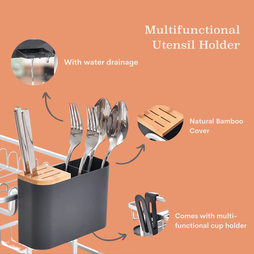 Rogu 2-Tier Aluminum Dish Rack with wood minimalist design