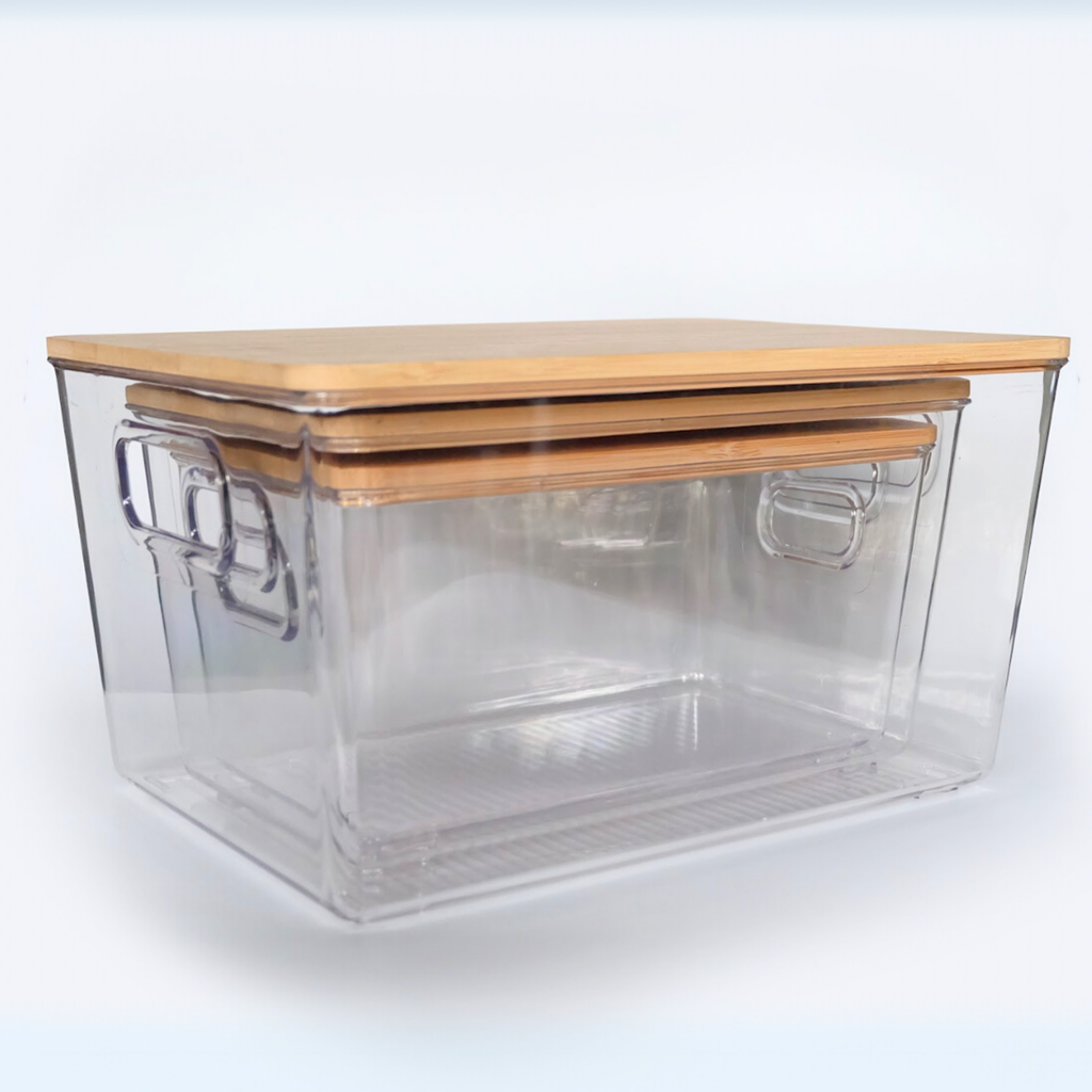 Sachi Clear Storage Boxes with Wood Cover, Minimalist Design