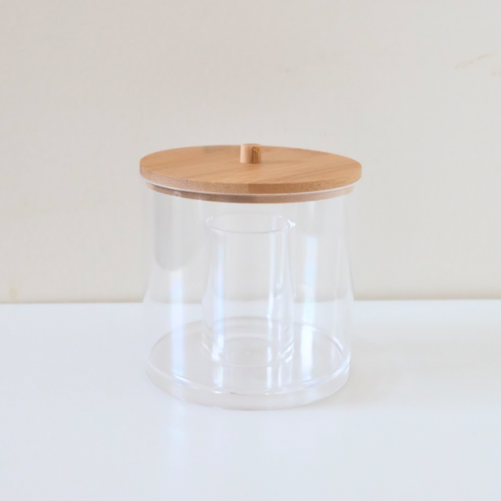 Sachi QTip/Cotton Pads Clear Storage Jar with Wood Cover