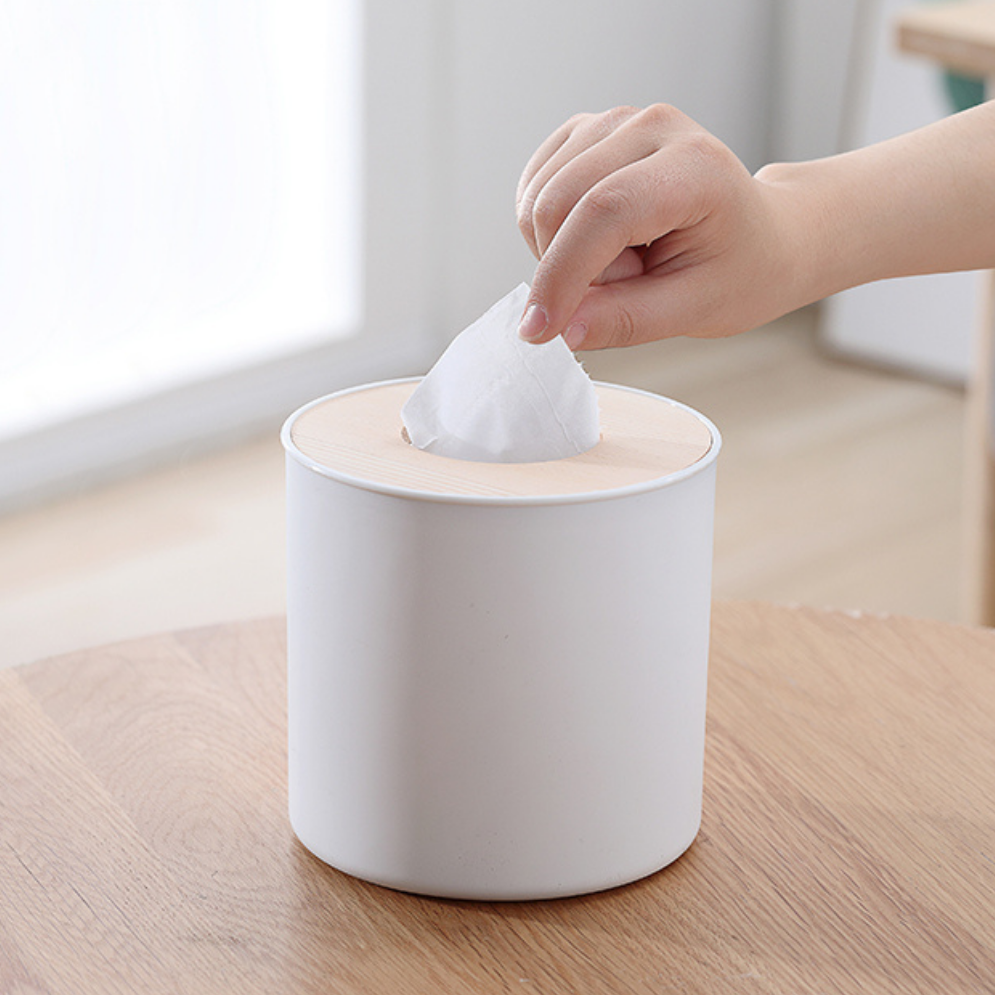 Sachi Round Tissue Box with Wood Minimalist Design