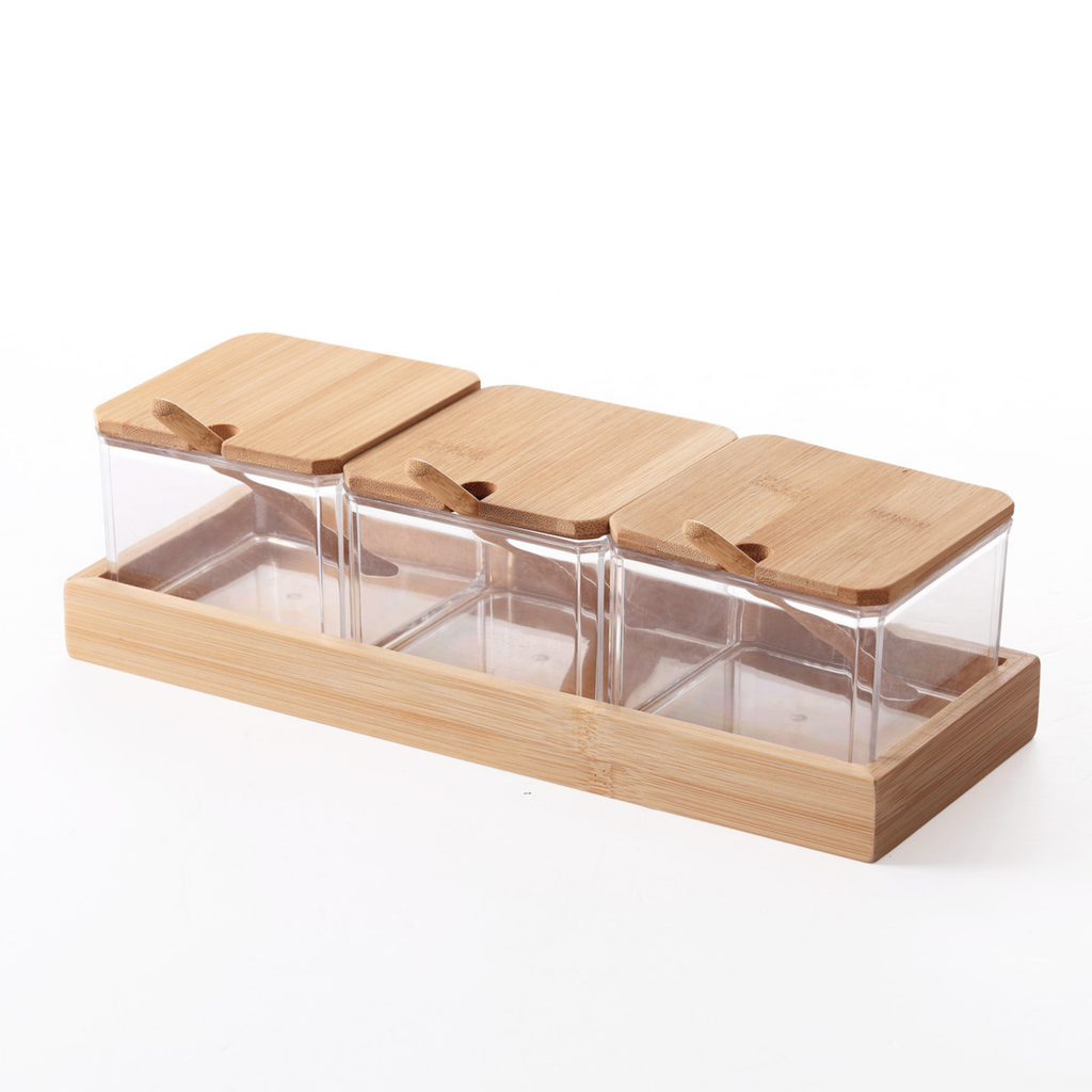 Sachi Square Shaped Clear Condiments Box with Wood Lid and Base Minimalist Design (Set of 3)